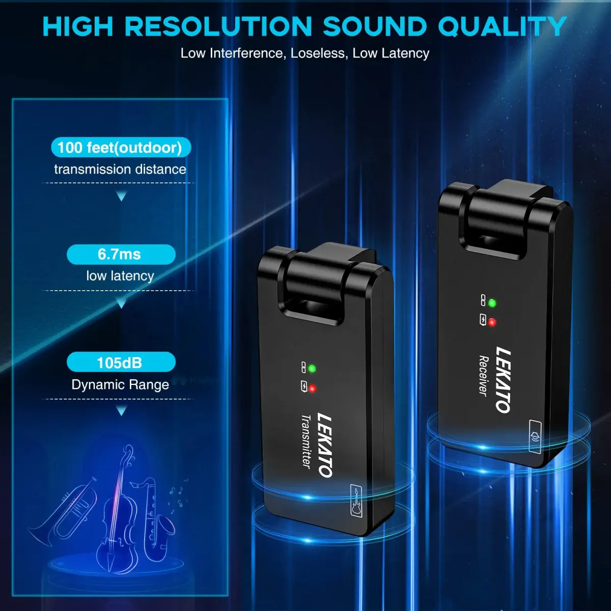 LEKATO WS-100 Wireless Guitar System with Charging Case, 4-Channel 2.4GHz Transmitter Receiver | <6.7ms Latency, 100ft Range - view 3