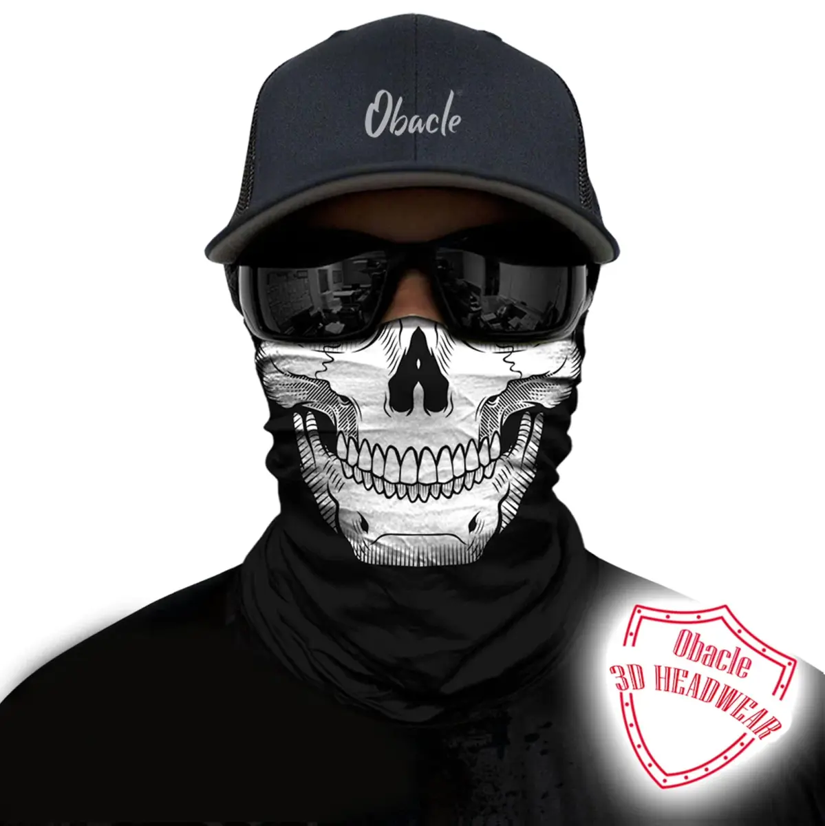 Obacle Skull White Face Mask with Black Nose Teeth - Seamless 3D Tube Bandana for Men & Women - view 2