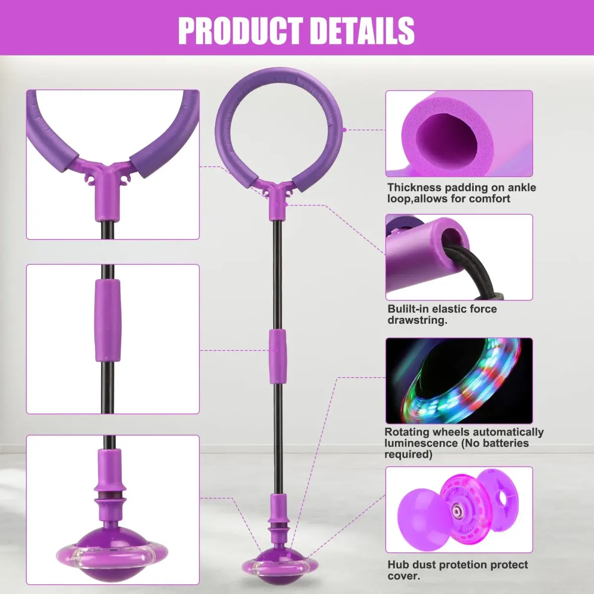 Chridark Ankle Skip Ball with Flash Wheel, Portable Foldable Toy for Kids & Adults (Purple, 1 Unit) - view 4