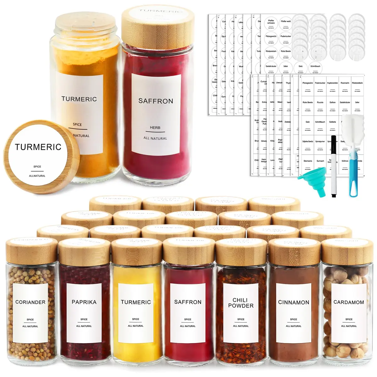 AISIPRIN Glass Spice Jars with Labels 4oz | Airtight Bamboo Lids & Accessories (70-120 chars) - main product image
