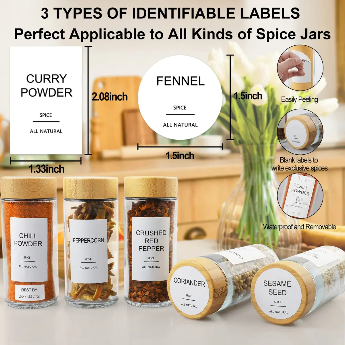 AISIPRIN Glass Spice Jars with Labels 4oz | Airtight Bamboo Lids & Accessories (70-120 chars) - view 2