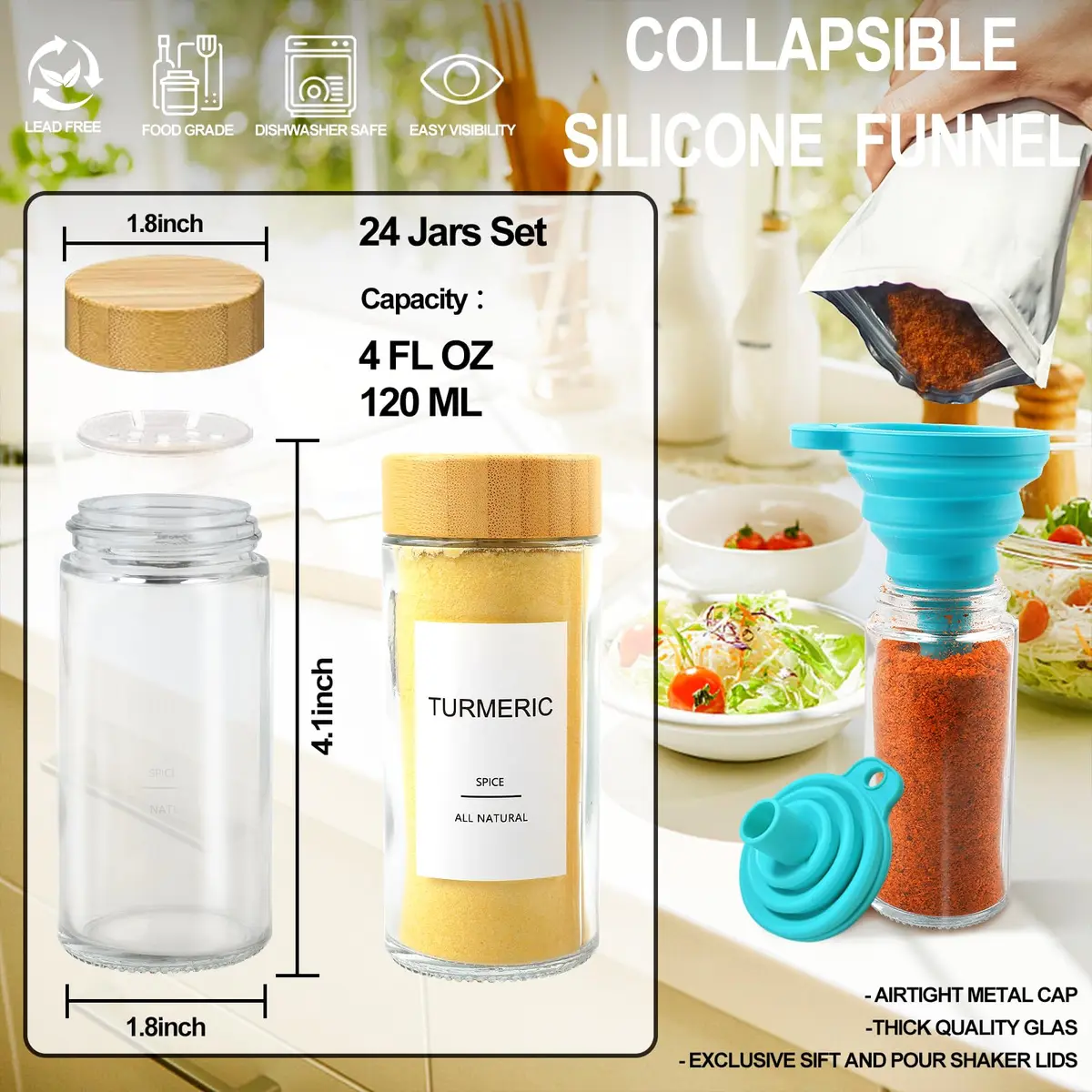AISIPRIN Glass Spice Jars with Labels 4oz | Airtight Bamboo Lids & Accessories (70-120 chars) - view 3