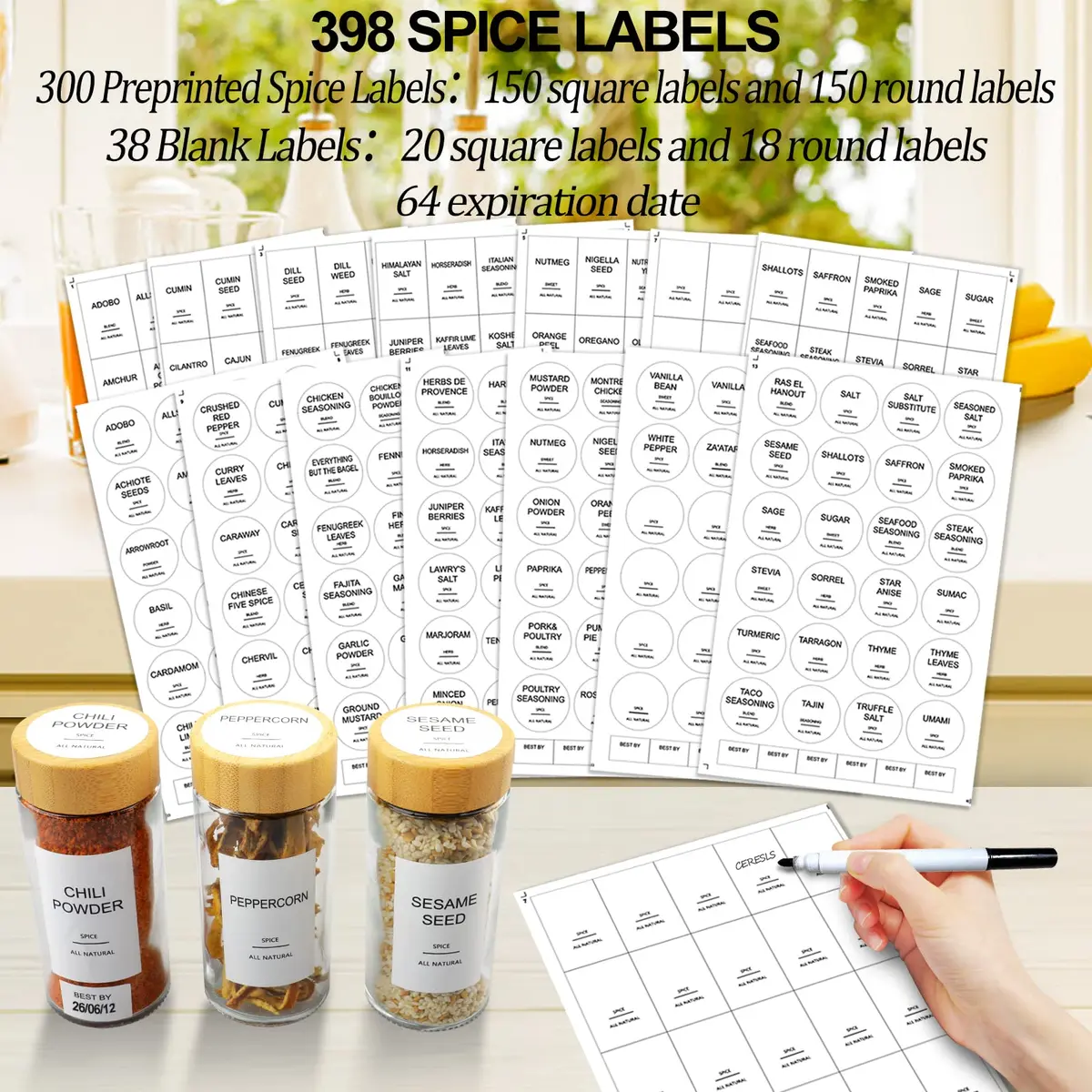 AISIPRIN Glass Spice Jars with Labels 4oz | Airtight Bamboo Lids & Accessories (70-120 chars) - view 4