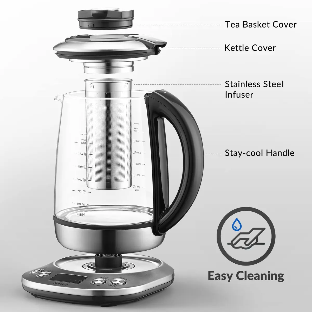 Mecity Electric Tea Kettle Borosilicate Glass Tea Maker 1.7L (57 oz) | Temperature Control with Infuser & LCD Display - view 6