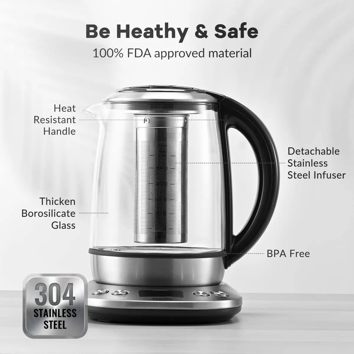 Mecity Electric Tea Kettle Borosilicate Glass Tea Maker 1.7L (57 oz) | Temperature Control with Infuser & LCD Display - view 7