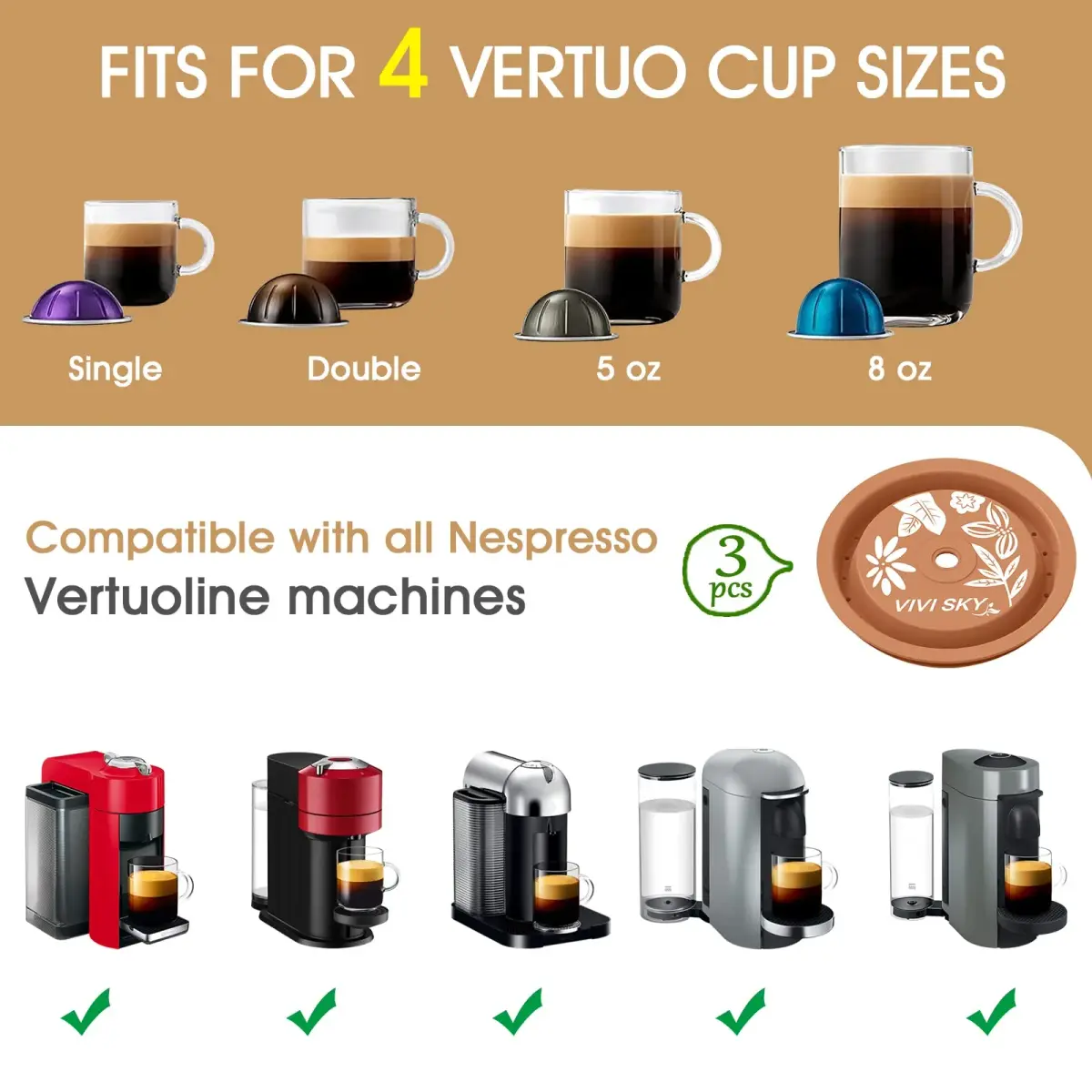 VIVI SKY Silicone Lids for Nespresso Vertuo Pods: 3 Pack Reusable Covers | Fits All Vertuo Pod Sizes - view 5