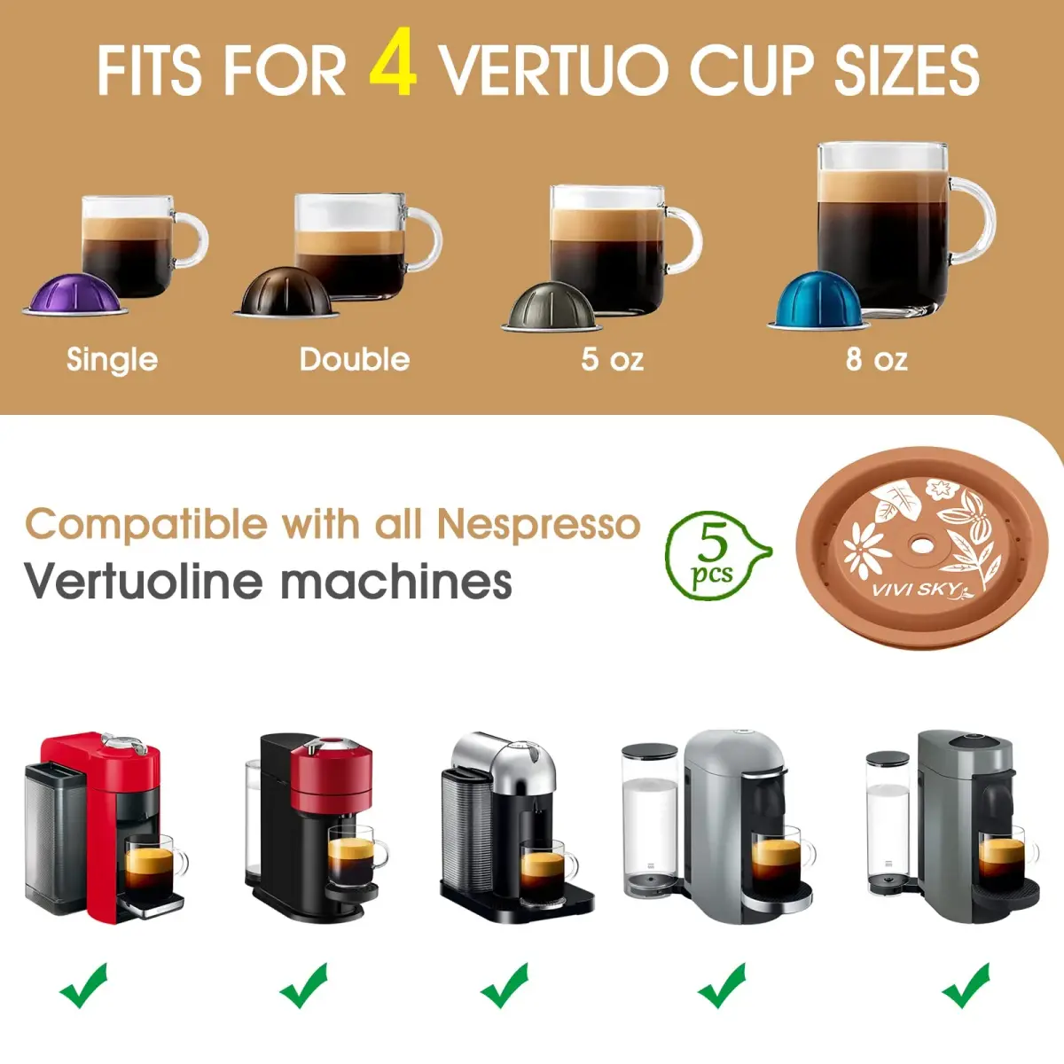 VIVI SKY Silicone Lids for Nespresso Vertuo Pods: 5 Pack Reusable Covers | Fits All Vertuo Sizes - view 5