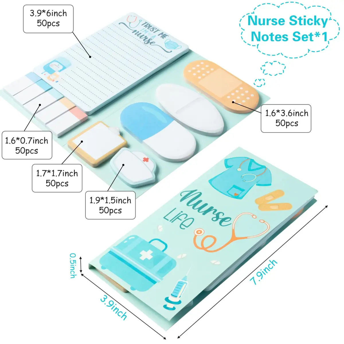 Xqumoi Nurse Sticky Notes Set, 550 Sheets, Cute Cartoon Medical Supplies Memo Pads Bundle | Ideal for Nursing Students & Hospital Staff - main product image