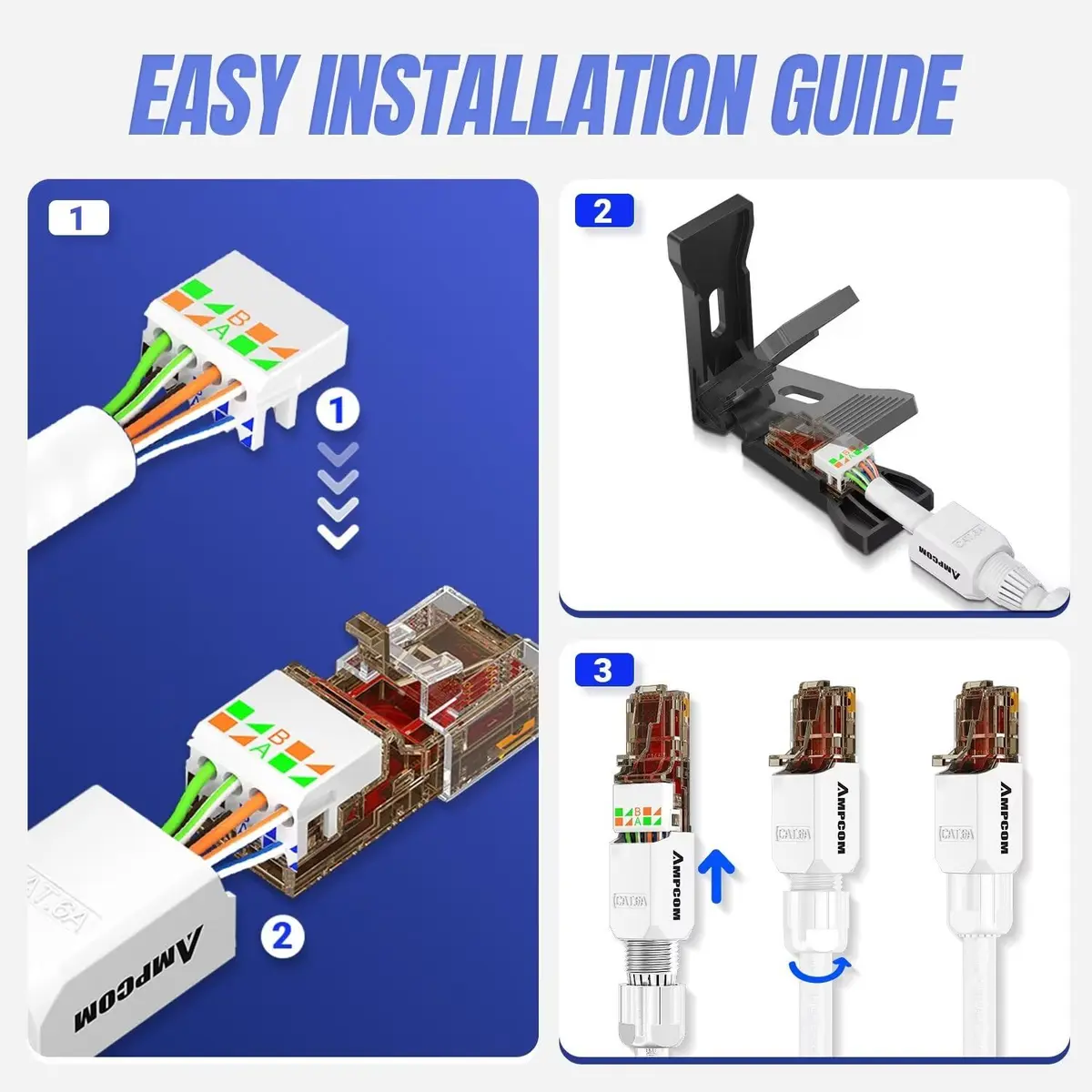 AMPCOM Cat6A Tool Free RJ45 Connector White 12 Pack | Fast, Reusable Ethernet Plug for 23-26 AWG Cables - view 6