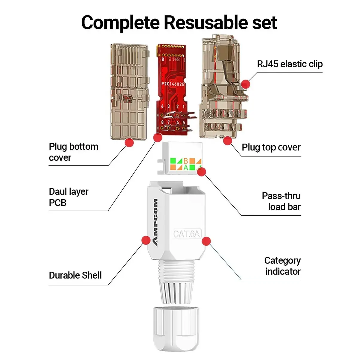 AMPCOM Cat6A Tool Free RJ45 Connector White 12 Pack | Fast, Reusable Ethernet Plug for 23-26 AWG Cables - view 7