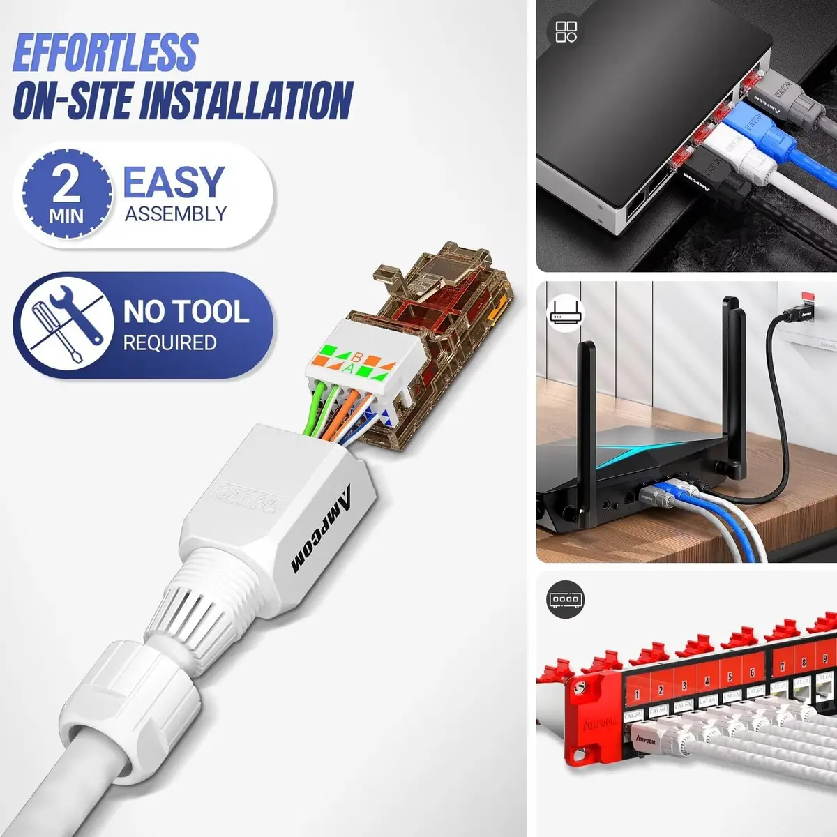 AMPCOM Cat6A Tool Free RJ45 Connector White 12 Pack | Fast, Reusable Ethernet Plug for 23-26 AWG Cables - view 3