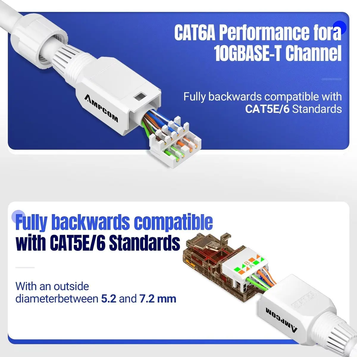 AMPCOM Cat6A Tool Free RJ45 Connector White 12 Pack | Fast, Reusable Ethernet Plug for 23-26 AWG Cables - view 4