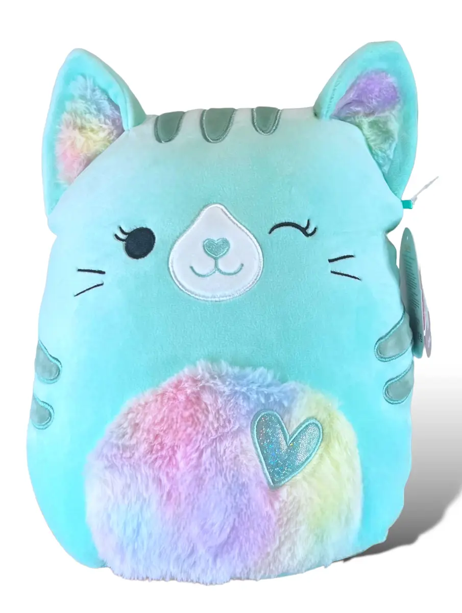 Squishmallows Corinna Teal Tabby Cat 11 Inch Plush | Rainbow Fuzzy Ears & Heart Belly - view 3