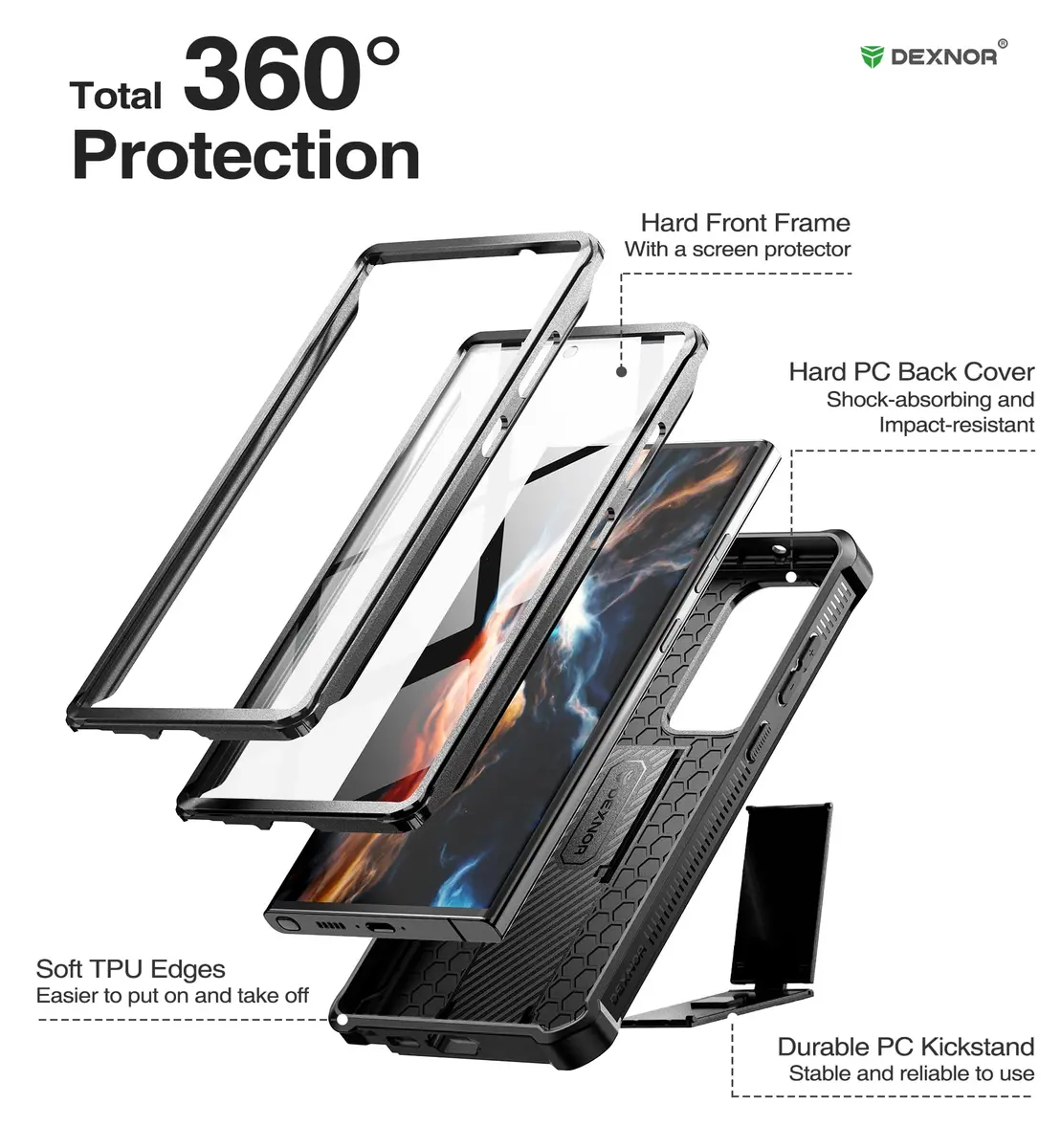 Dexnor Compatible with Samsung Galaxy S23 Ultra Case, Double Front Frame & Stand, Shock Absorber Technology Drop Protection - Black | Shockproof & Robust - view 6