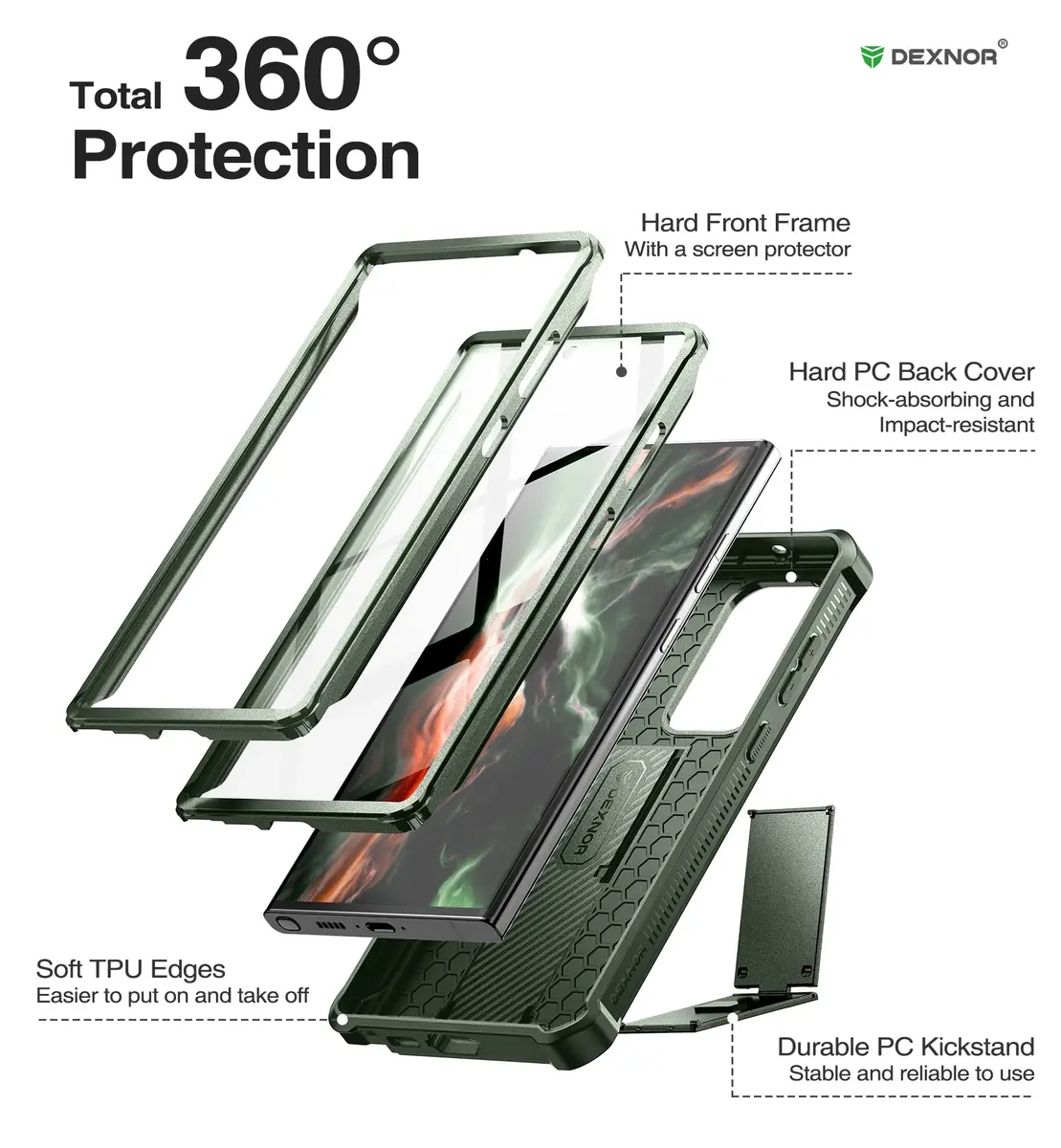 Dexnor Full Body Case for Samsung Galaxy S23 Ultra 5G/6.8 inches | Military Grade Protection with Built-in Screen Protector & Kickstand - view 6