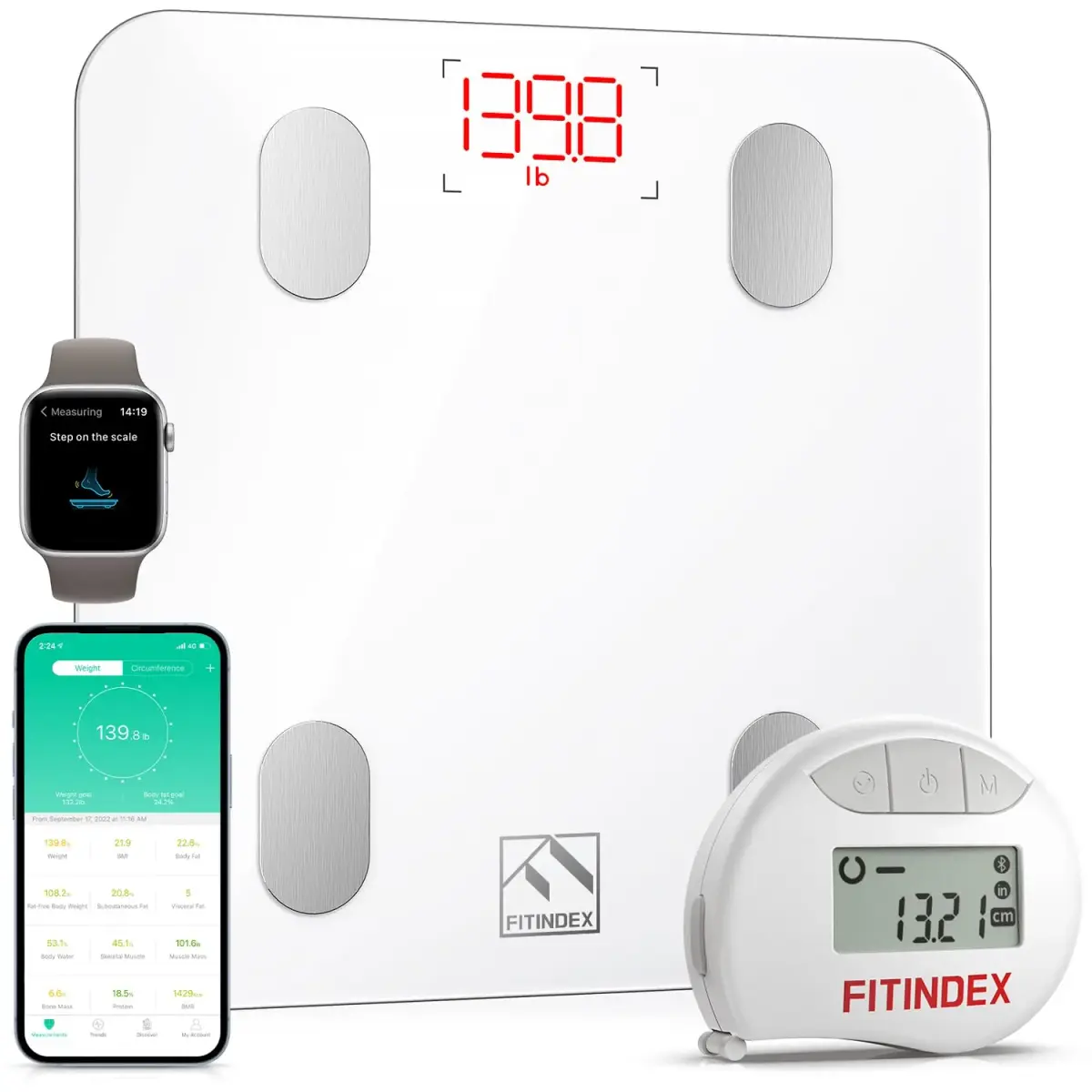 FITINDEX Smart Scale and Tape Measure | Bluetooth Body Composition Analyzer with App Sync | 180kg (400lb) Capacity - main product image