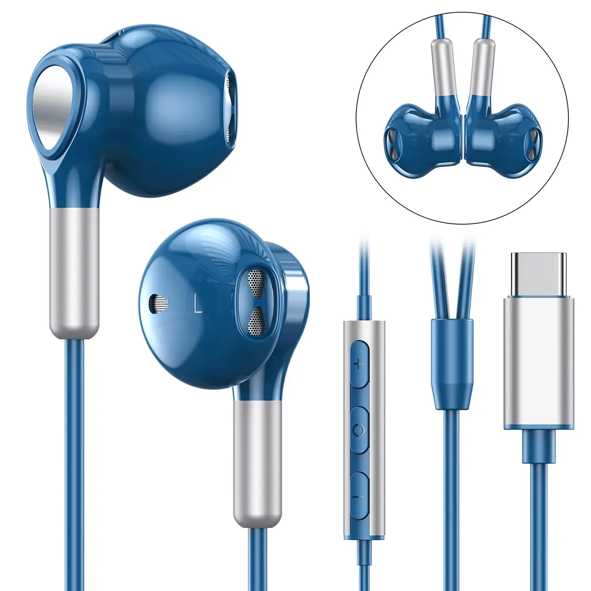 BENEWY Wired USB C Headphones with Mic & Volume Control, 1.2m Tangle-Free Cable, 14.2mm Dynamic Drivers | Blue - view 2