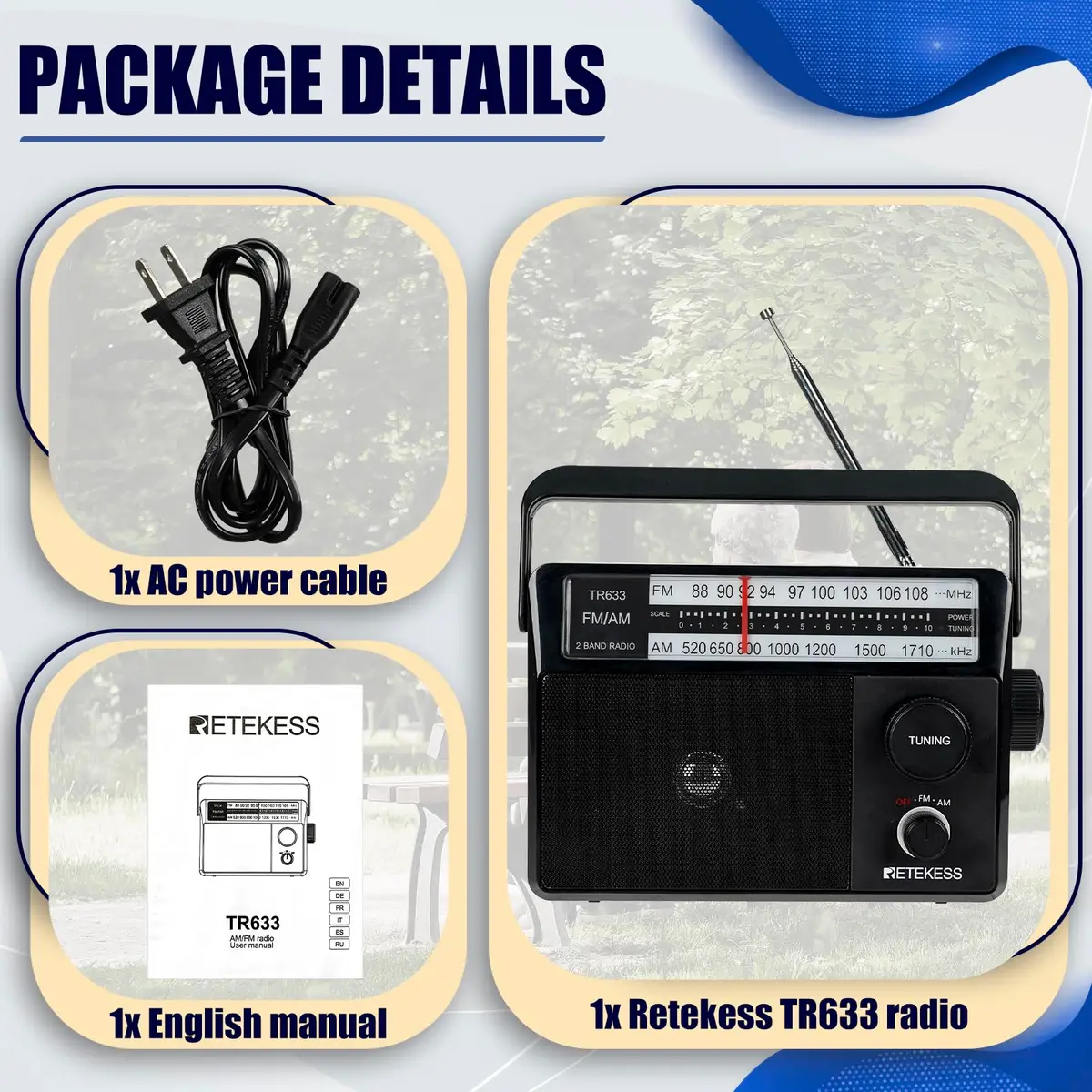 Retekess TR633 AM FM Radio Portable with Best Reception, Wall Plug & External Antenna (Medium, Black) - view 7