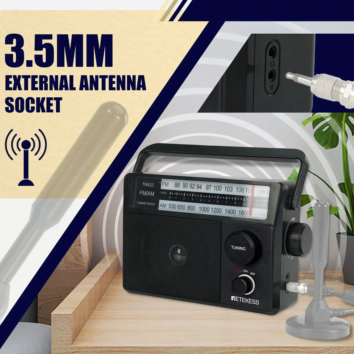 Retekess TR633 AM FM Radio Portable with Best Reception, Wall Plug & External Antenna (Medium, Black) - view 2