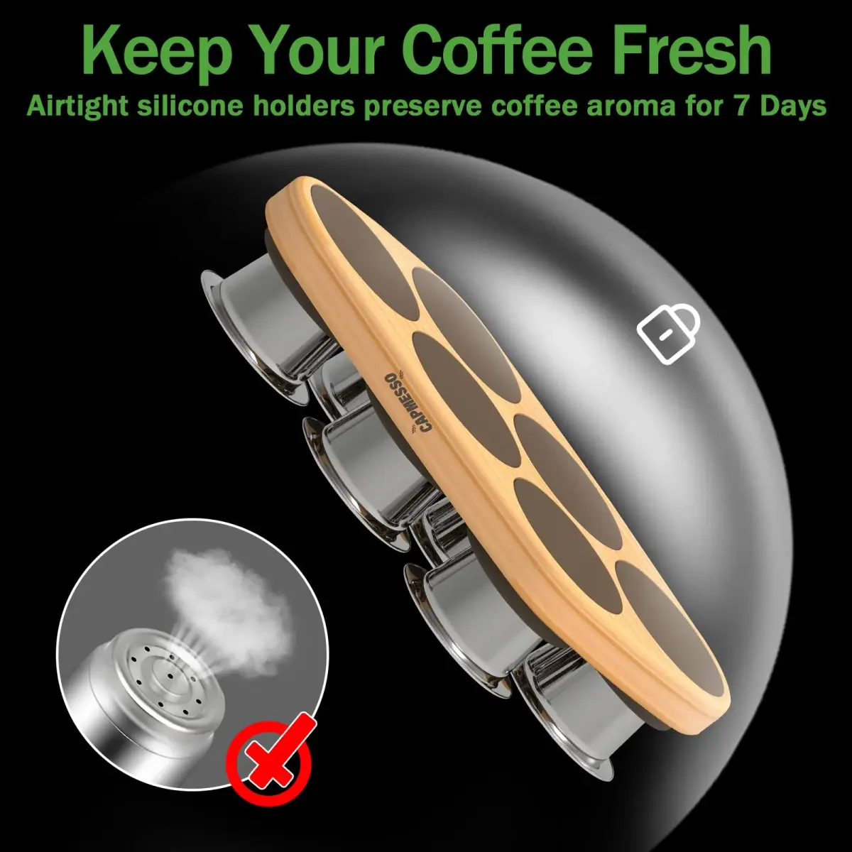 CAPMESSO Reusable Capsules for Nespresso OriginalLine: 6 Stainless Pods + 100 Lids + Wood Tray - view 4