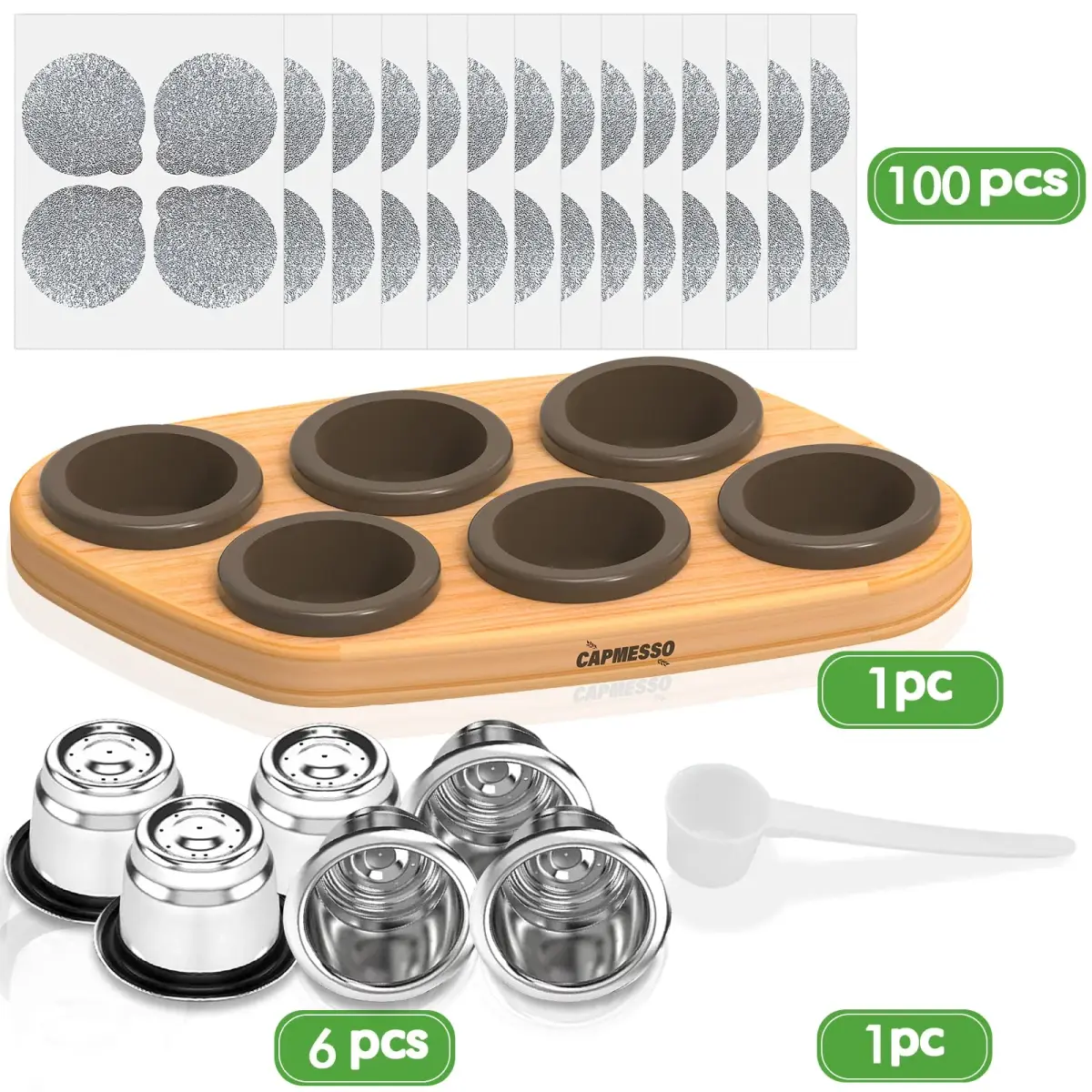 CAPMESSO Reusable Capsules for Nespresso OriginalLine: 6 Stainless Pods + 100 Lids + Wood Tray - view 2