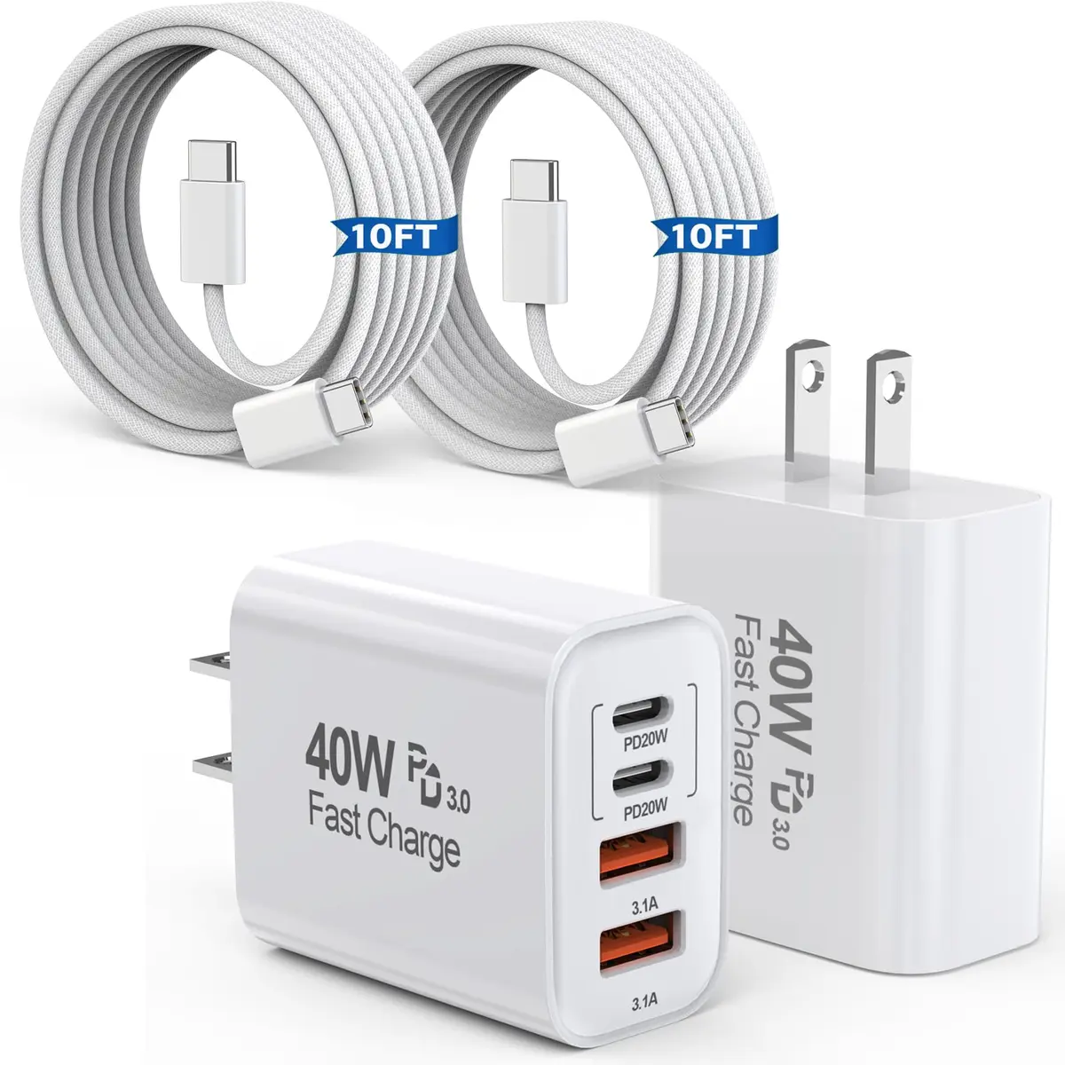 Dazana 10FT iPhone 17 16 15 Pro Charger | 2-Pack 40W USB C to C Woven Cable & Multiport Fast Charger - main product image