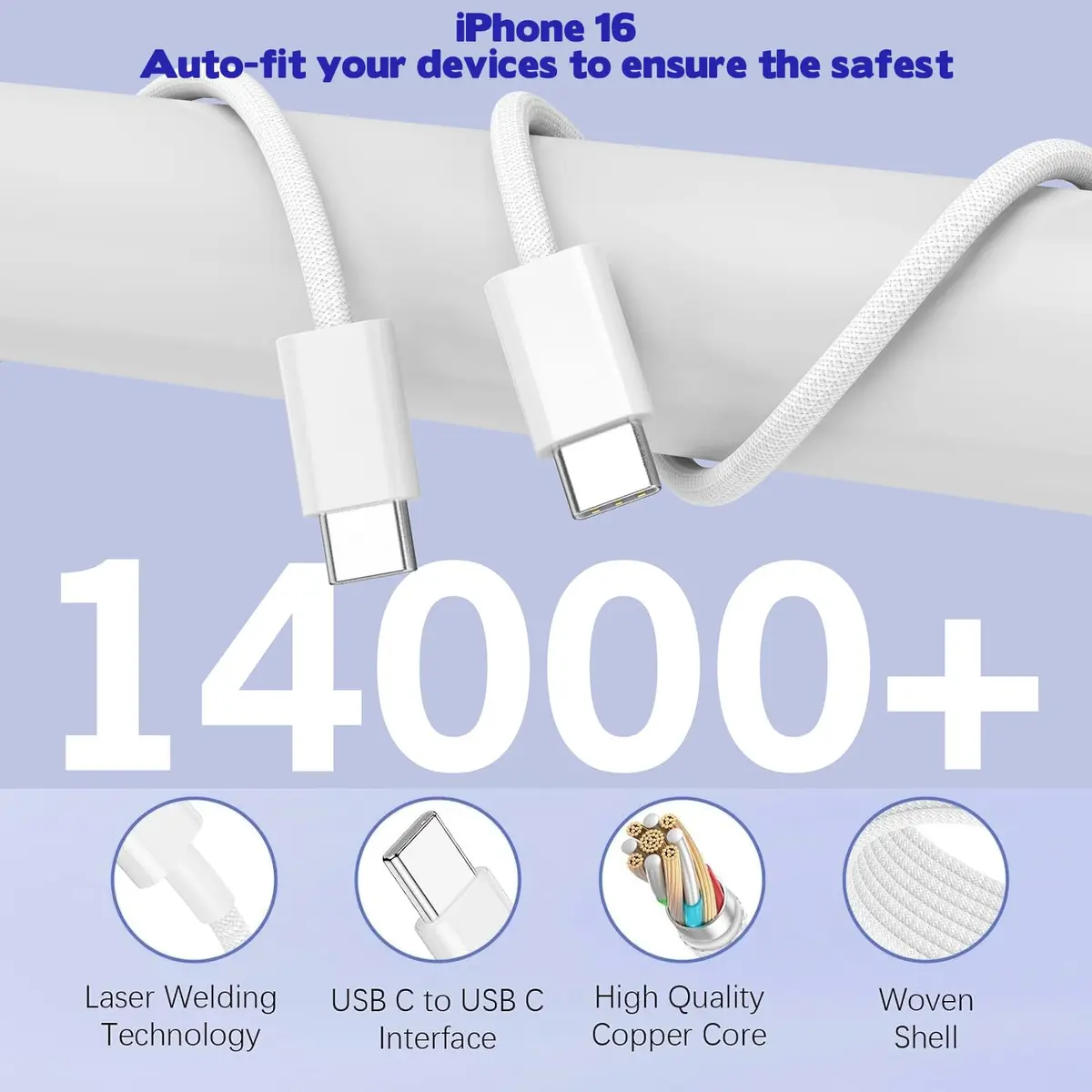 Dazana 10FT iPhone 17 16 15 Pro Charger | 2-Pack 40W USB C to C Woven Cable & Multiport Fast Charger - view 6