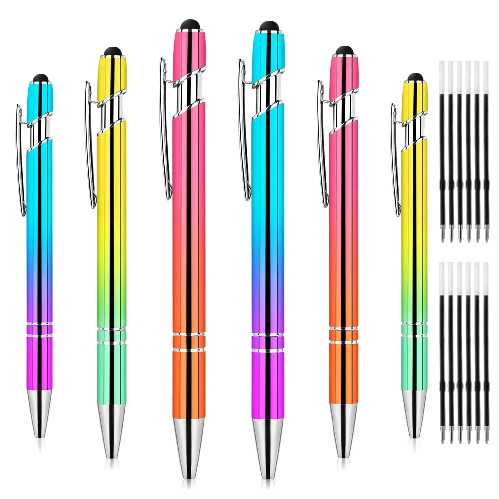 AUAUY 6 PCS Ballpoint Pens, 2 in 1 Stylus Pen with 12 Refills | Fast Dry Ink, Aluminum Body, Gradient Colors - main product image