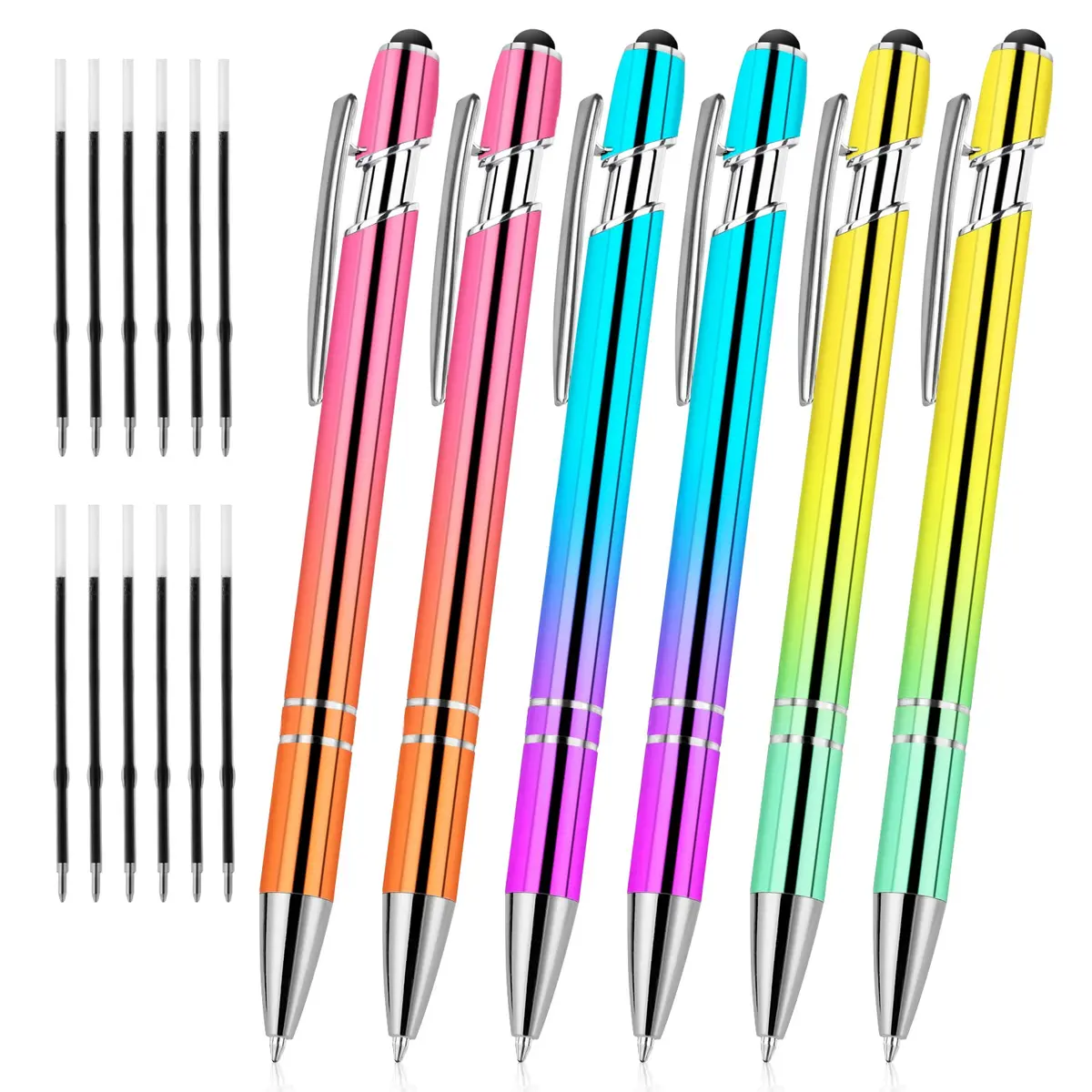 AUAUY 6 PCS Ballpoint Pens, 2 in 1 Stylus Pen with 12 Refills | Fast Dry Ink, Aluminum Body, Gradient Colors - view 9