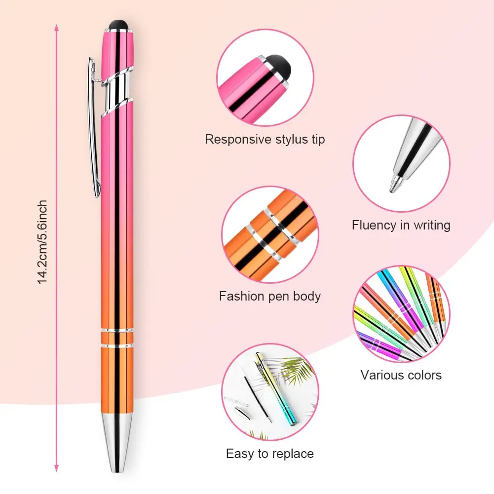 AUAUY 6 PCS Ballpoint Pens, 2 in 1 Stylus Pen with 12 Refills | Fast Dry Ink, Aluminum Body, Gradient Colors - view 2