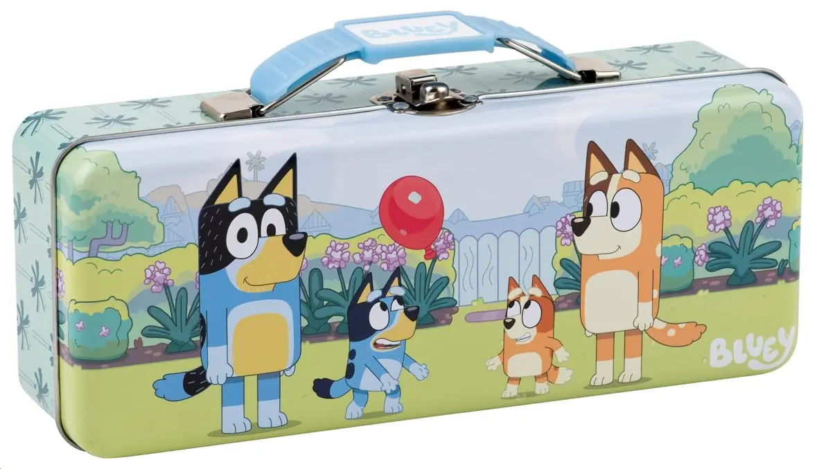 The Tin Box Company Bluey Pencil Box with Handle Clasp & Hinge | 8-3/8 x 3-3/8 x 2-1/4" Steel Storage Box for School Supplies - main product image