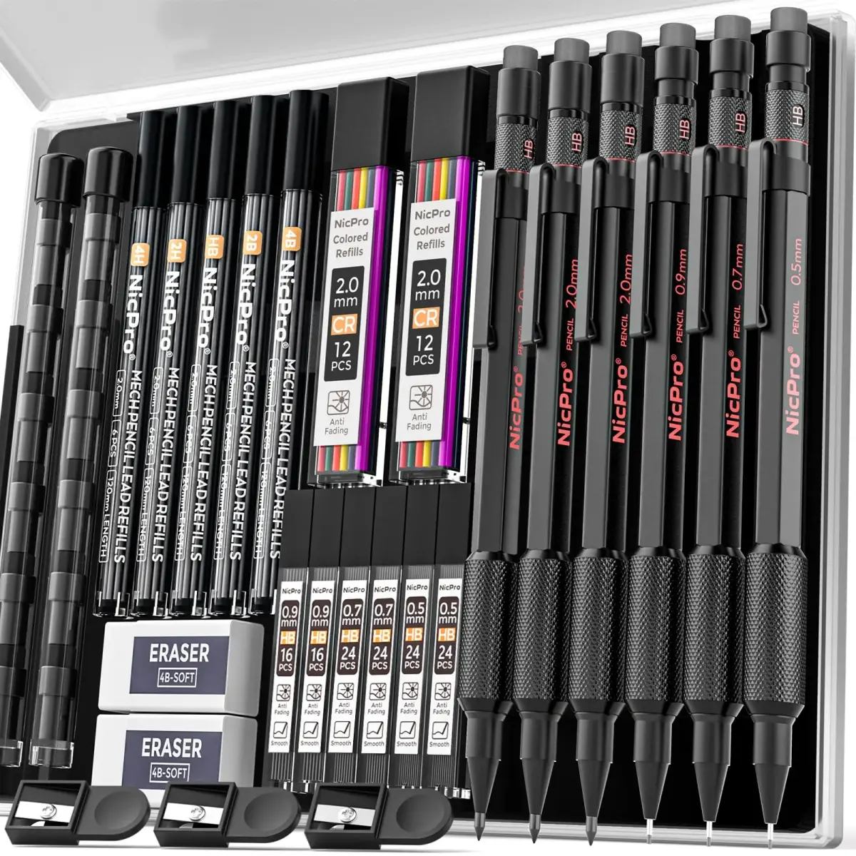 Nicpro Metal Mechanical Pencil Set with Leads & Erasers | 0.5-2.0mm, 6-Pack - main product image
