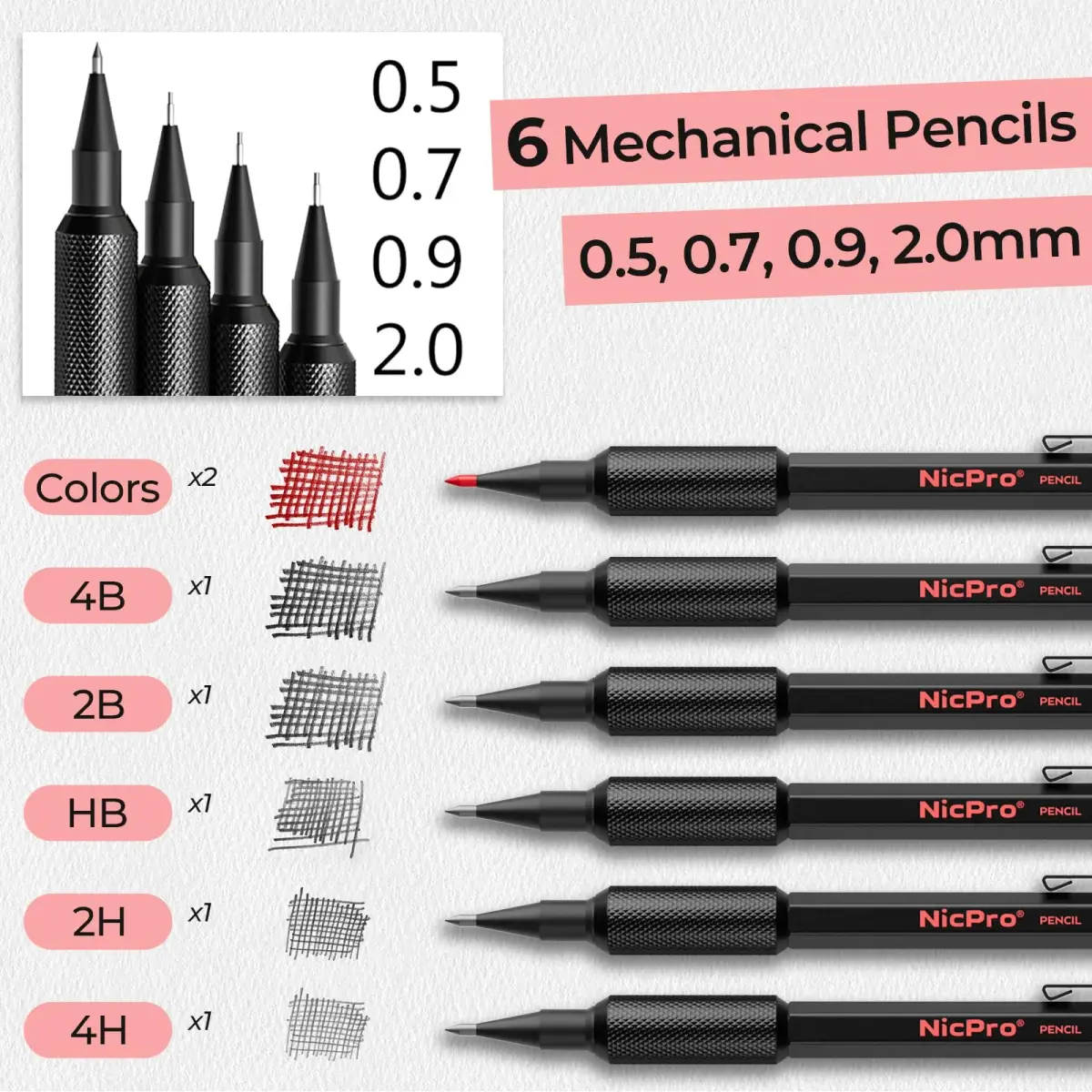 Nicpro Metal Mechanical Pencil Set with Leads & Erasers | 0.5-2.0mm, 6-Pack - view 5
