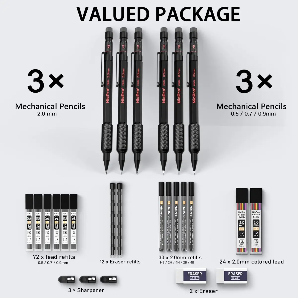 Nicpro Metal Mechanical Pencil Set with Leads & Erasers | 0.5-2.0mm, 6-Pack - view 2
