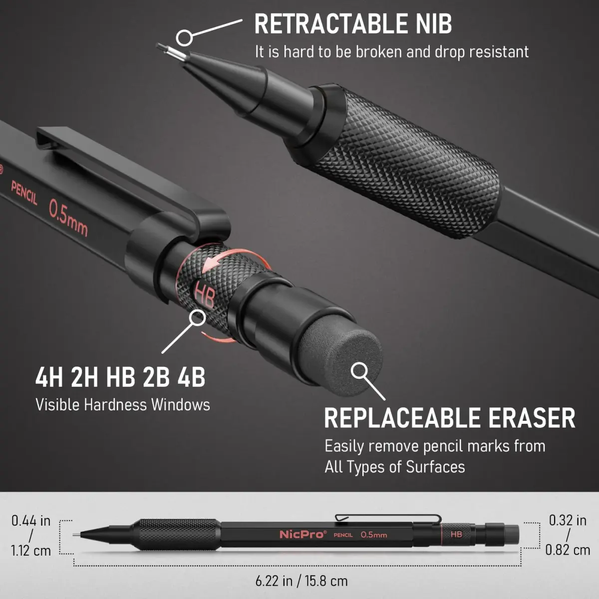 Nicpro Metal Mechanical Pencil Set with Leads & Erasers | 0.5-2.0mm, 6-Pack - view 3
