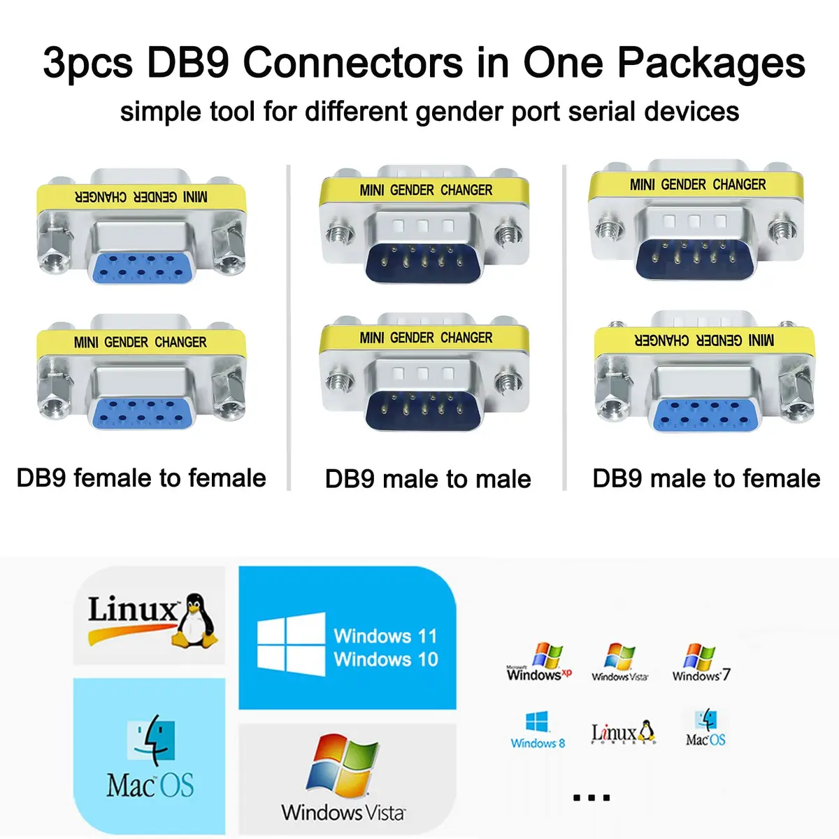 DTECH Serial Adapter 3-Pack (DB9 F-F, M-F, M-M) Mini Size RS232 Coupler | Straight-Through Wired - view 2
