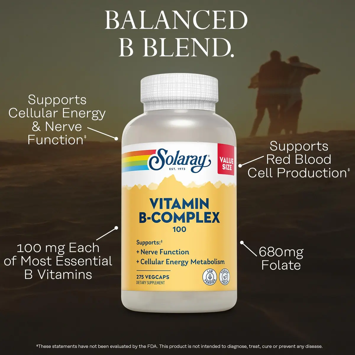 SOLARAY Vitamin B Complex 100 mg | Vegan, 275 VegCaps for Energy & Skin (70-120 chars) - view 3