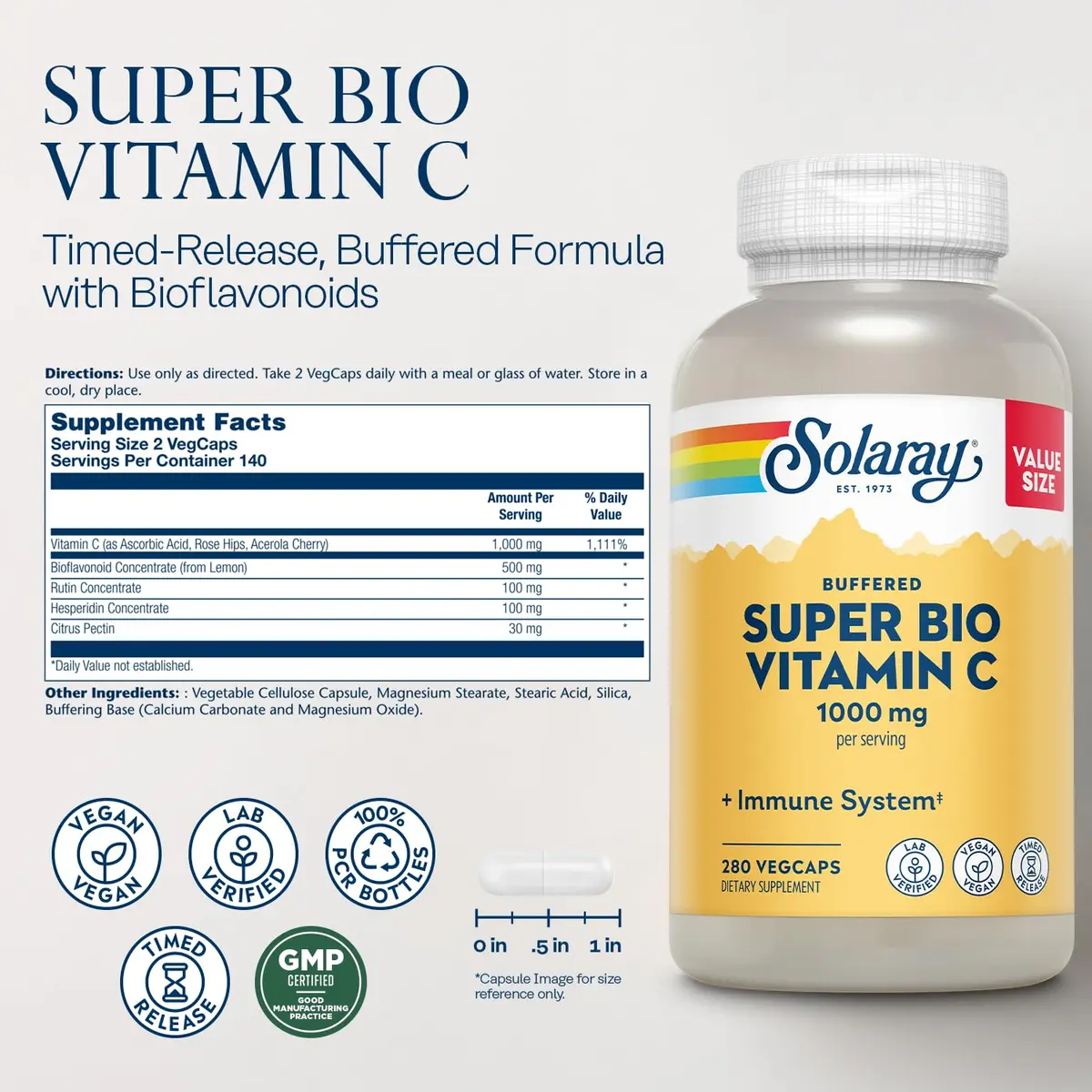 SOLARAY Super Bio Buffered Vitamin C 1000 mg Time Release, 280 VegCaps | Supports Immunity & Collagen - view 2
