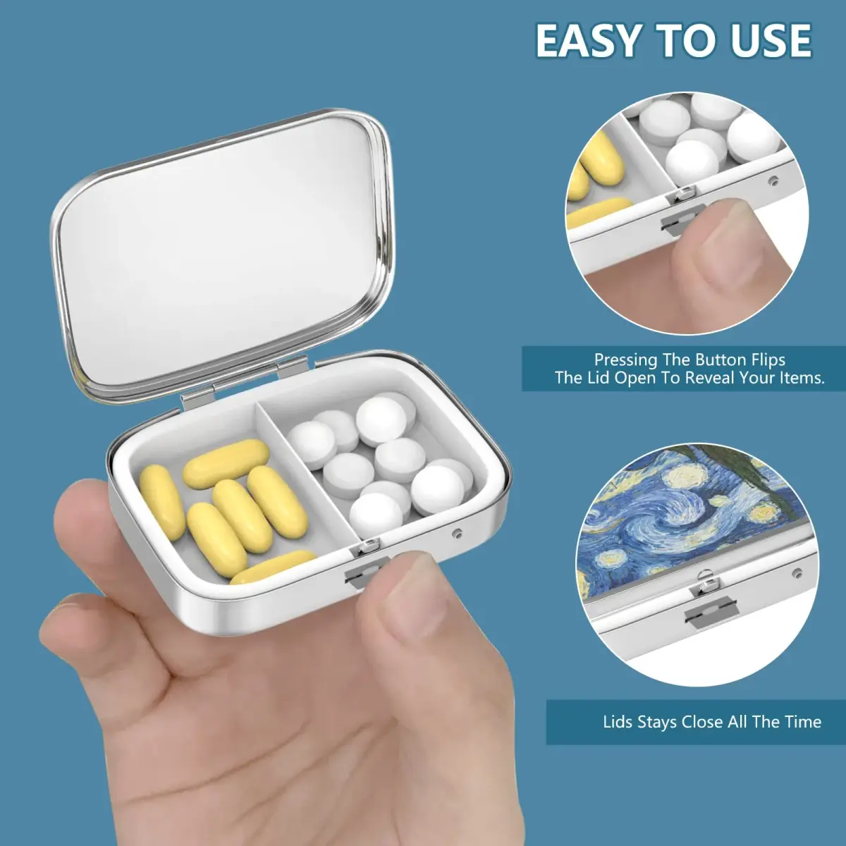 Hion Metal Pill Box 2 Compartment Medicine Vitamin Organizer with Mirror (4-Pack, Set-4-Marble) - view 5