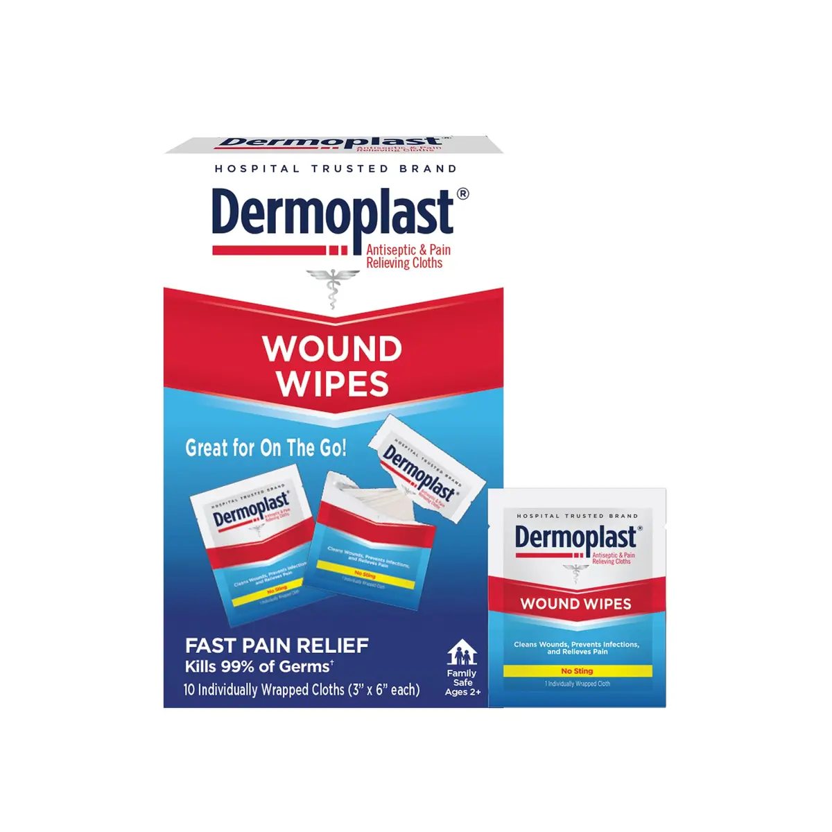 Dermoplast Wound Wipes, Antiseptic First Aid Cloths, 10 Count | No-Sting, Pain-Relief, Portable First Aid - main product image