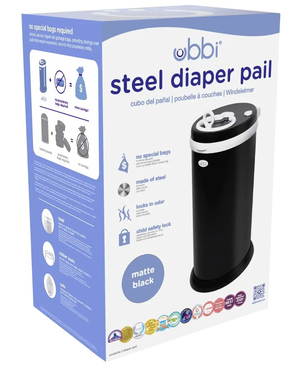 Ubbi Stainless Steel Diaper Pail No Special Bag Odor-Locking Matte Black | Nursery Essential - view 5
