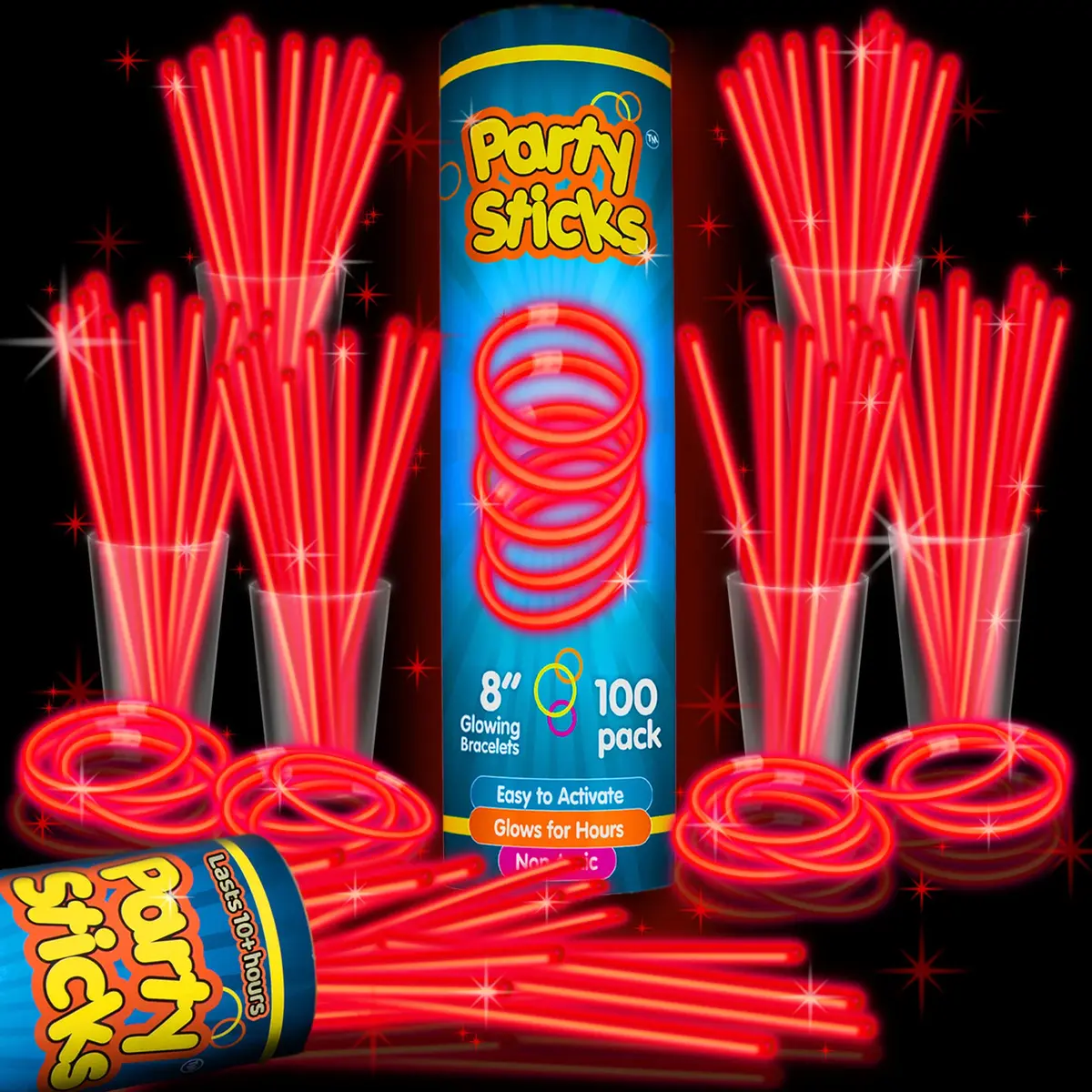 PartySticks Red Glow Sticks 100 Count | 8 Inch Glow in The Dark Light Up Sticks for Parties & Decorations - main product image