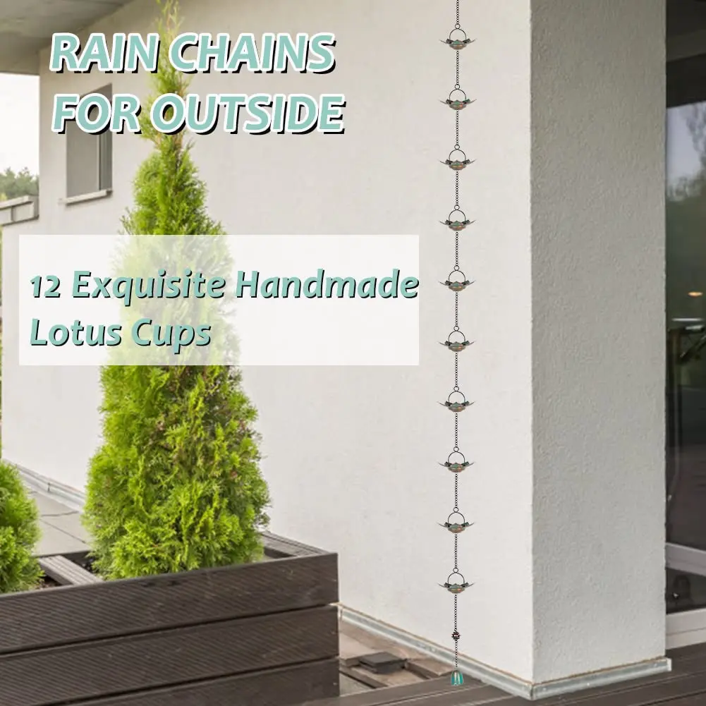 Qipade 8.3 FT Lotus Rain Chain with 12 Cups | Durable Metal Gutter Decor - view 5