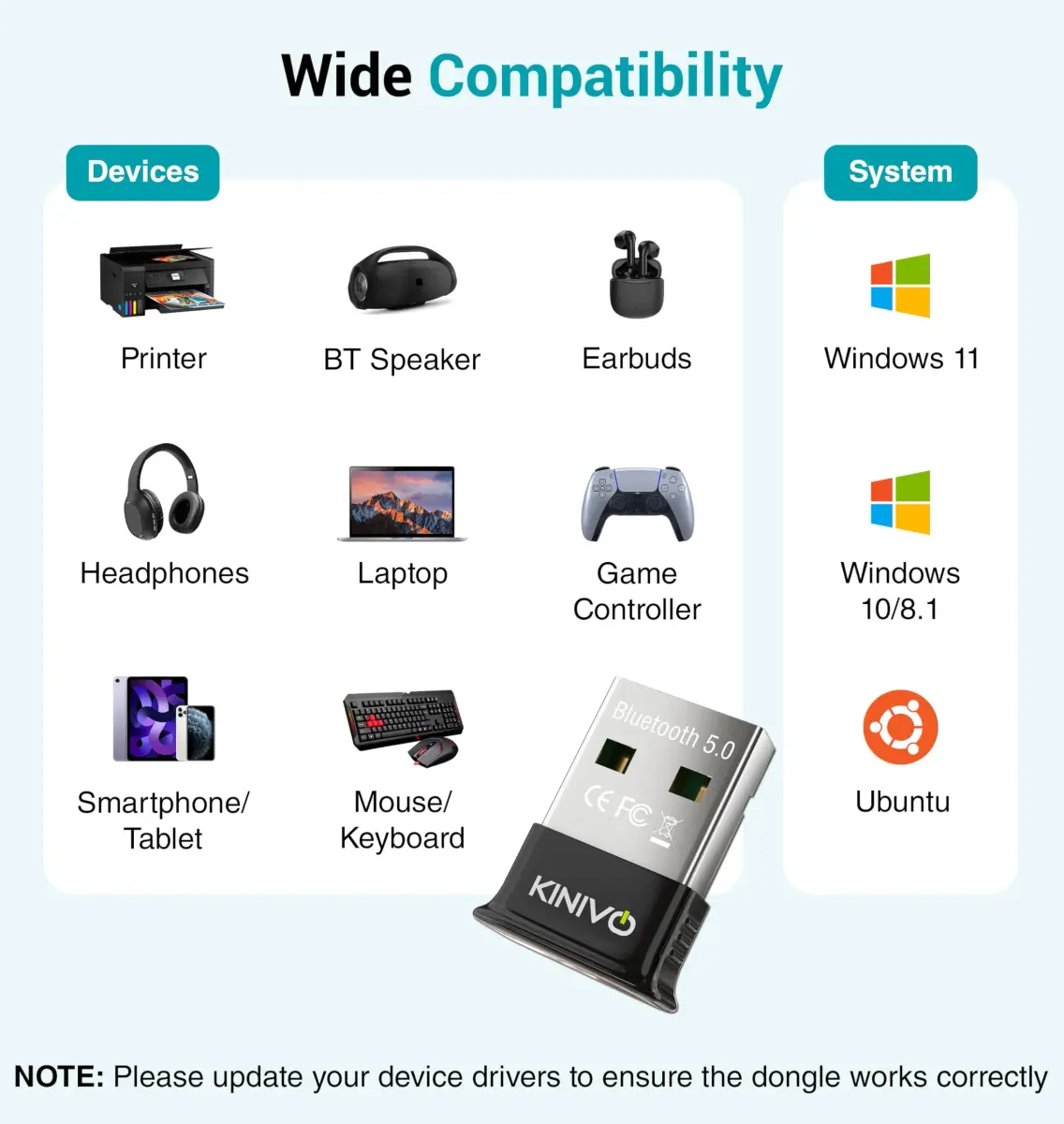 Kinivo USB Bluetooth Adapter for PC (BT5.0, Plug & Play Wireless Dongle Receiver for Ubuntu, Windows 11/10/8.1) – Works with Laptops, Headsets, Speakers, Mouse, Keyboard, Printers, Gaming Controllers - view 4