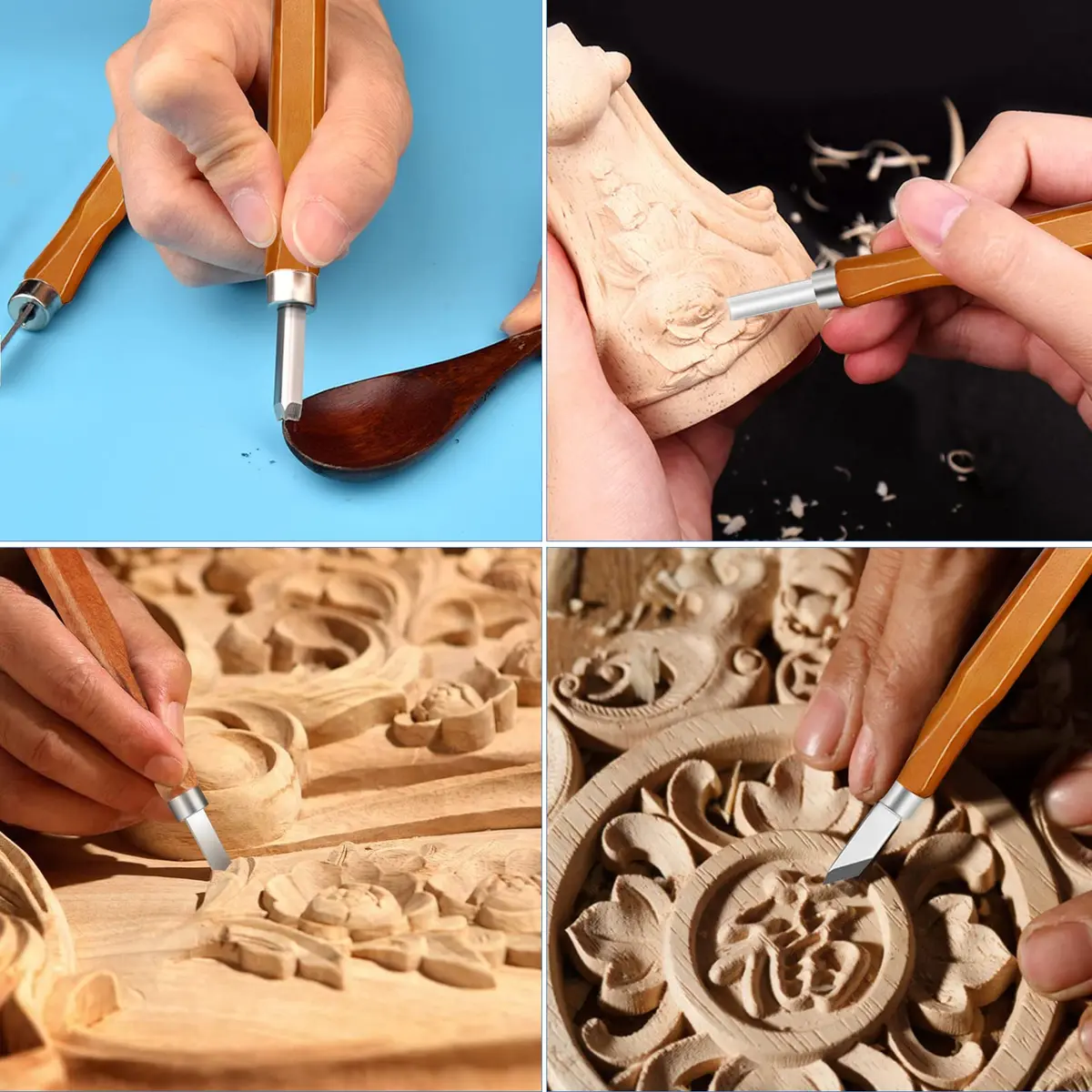 VIBRATITE Wood Carving Kit, 19 PCS Beginner Whittling Tools with Black Walnut Handles | Includes Sharpening Stone & Leather Strop - view 6