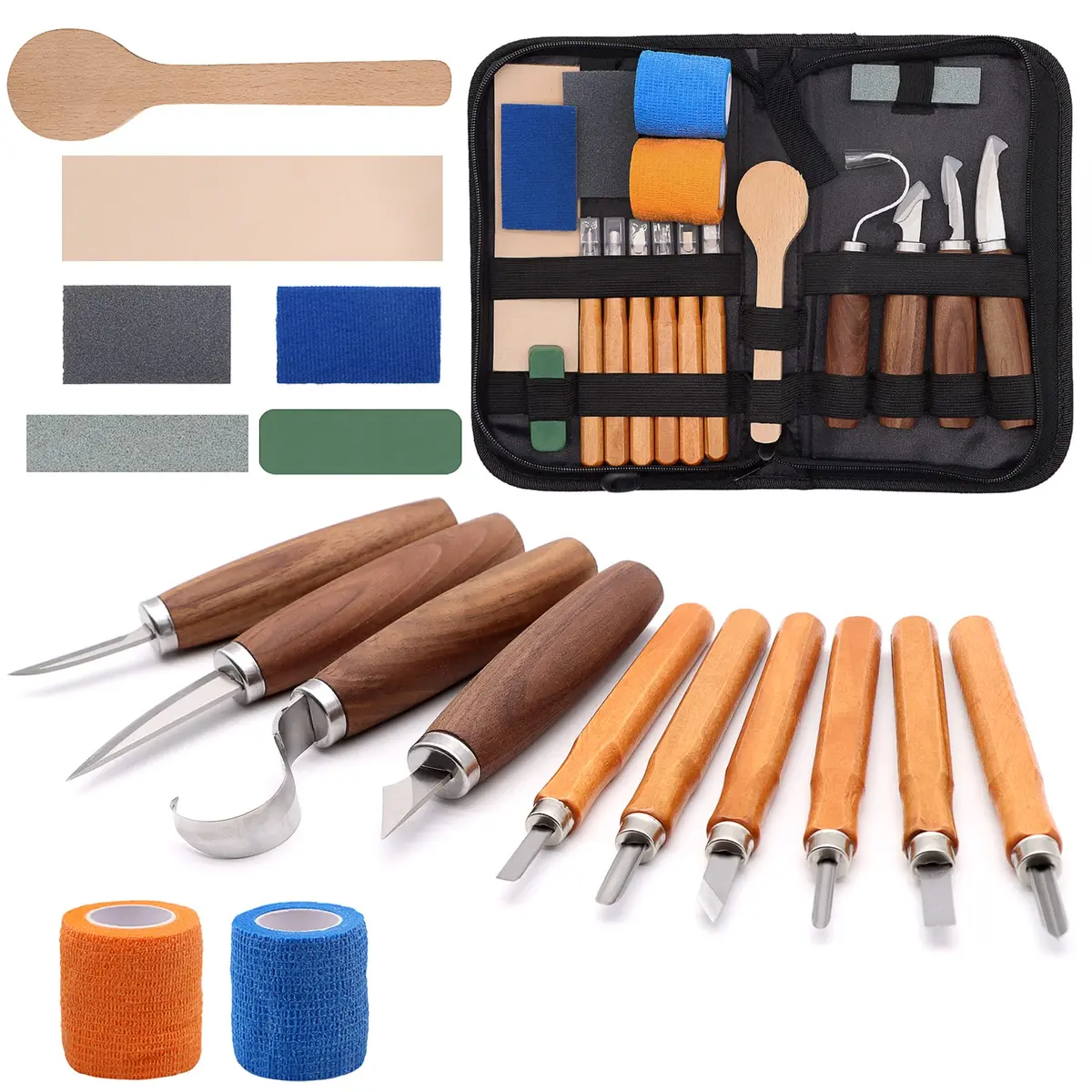 VIBRATITE Wood Carving Kit, 19 PCS Beginner Whittling Tools with Black Walnut Handles | Includes Sharpening Stone & Leather Strop - main product image