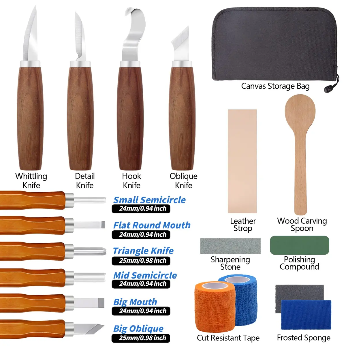 VIBRATITE Wood Carving Kit, 19 PCS Beginner Whittling Tools with Black Walnut Handles | Includes Sharpening Stone & Leather Strop - view 2