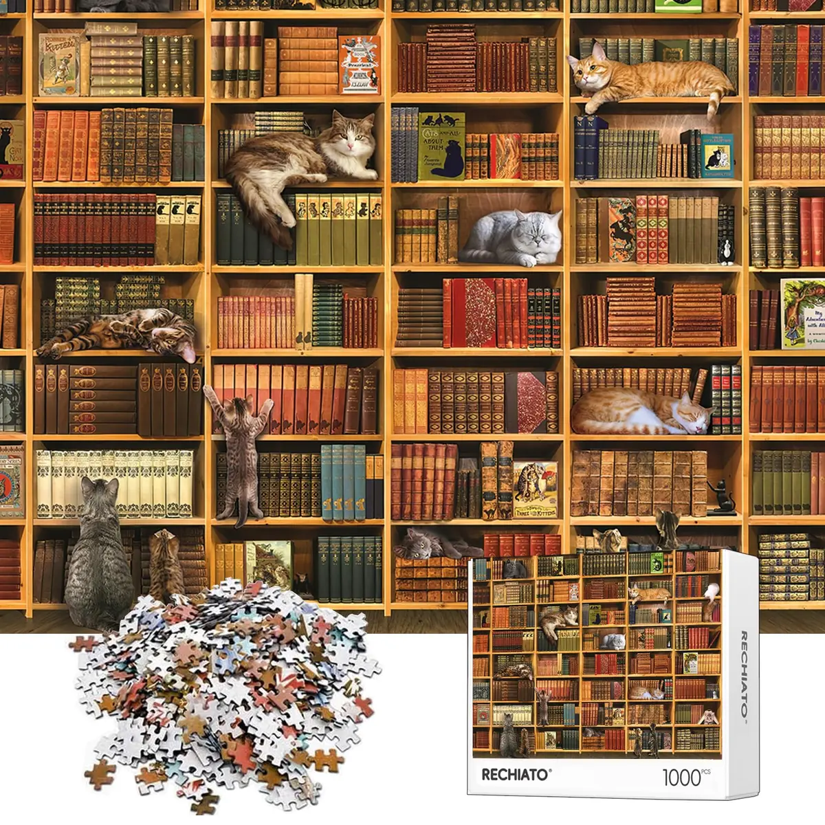 RECHIATO Cats Library Jigsaw Puzzle 1000+ Pieces | Funny Kitten Bookshelf Puzzle for Animal Lovers - main product image