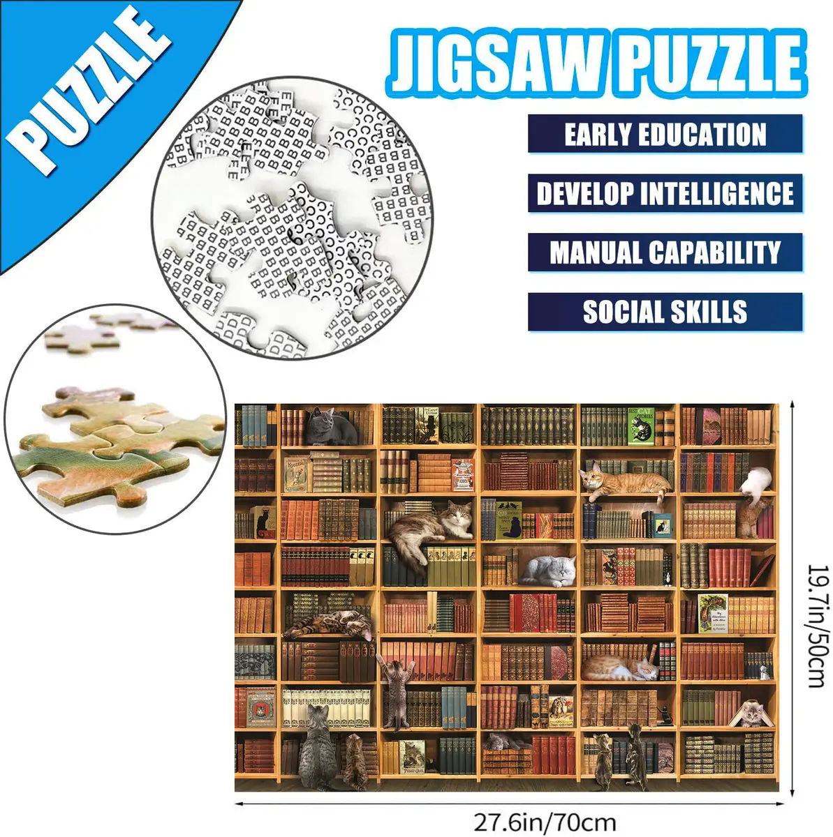 RECHIATO Cats Library Jigsaw Puzzle 1000+ Pieces | Funny Kitten Bookshelf Puzzle for Animal Lovers - view 7