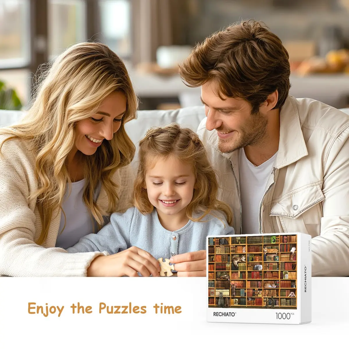 RECHIATO Cats Library Jigsaw Puzzle 1000+ Pieces | Funny Kitten Bookshelf Puzzle for Animal Lovers - view 4